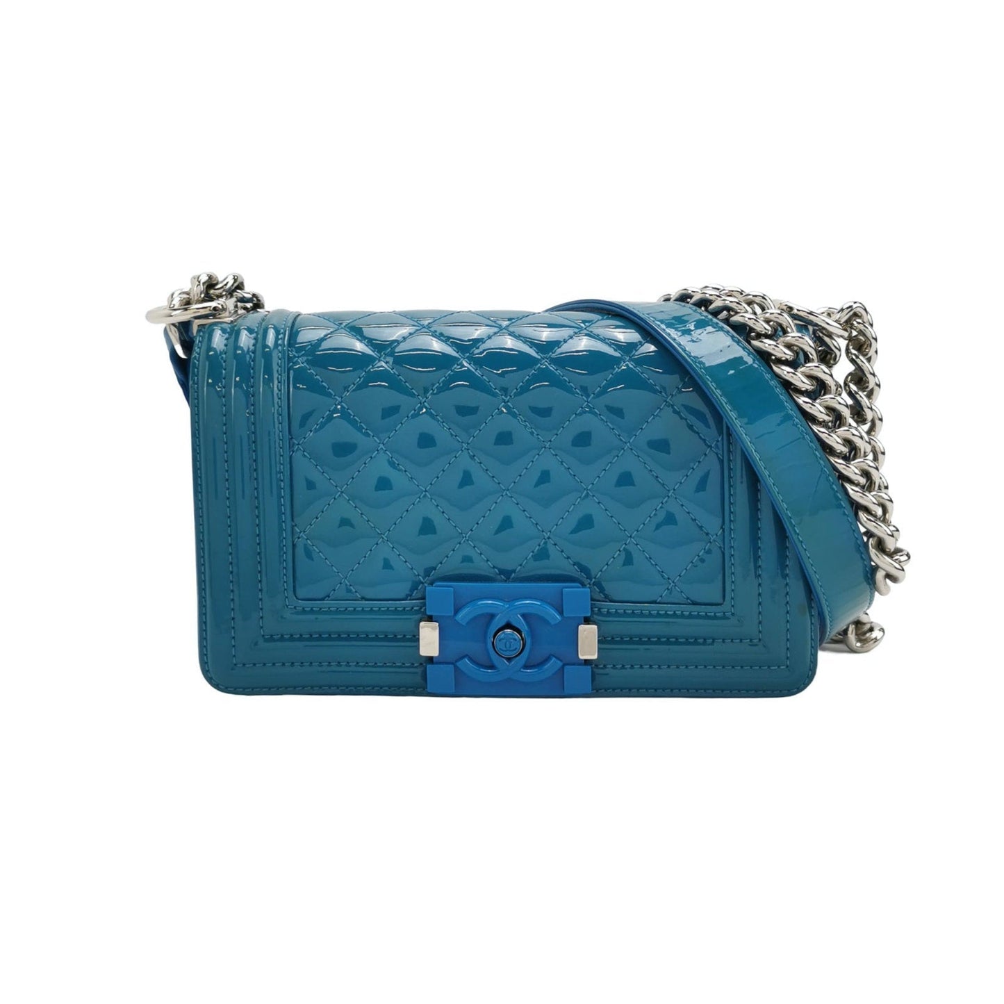 Chanel Le Boy Patent Blue Small Leather Handbag