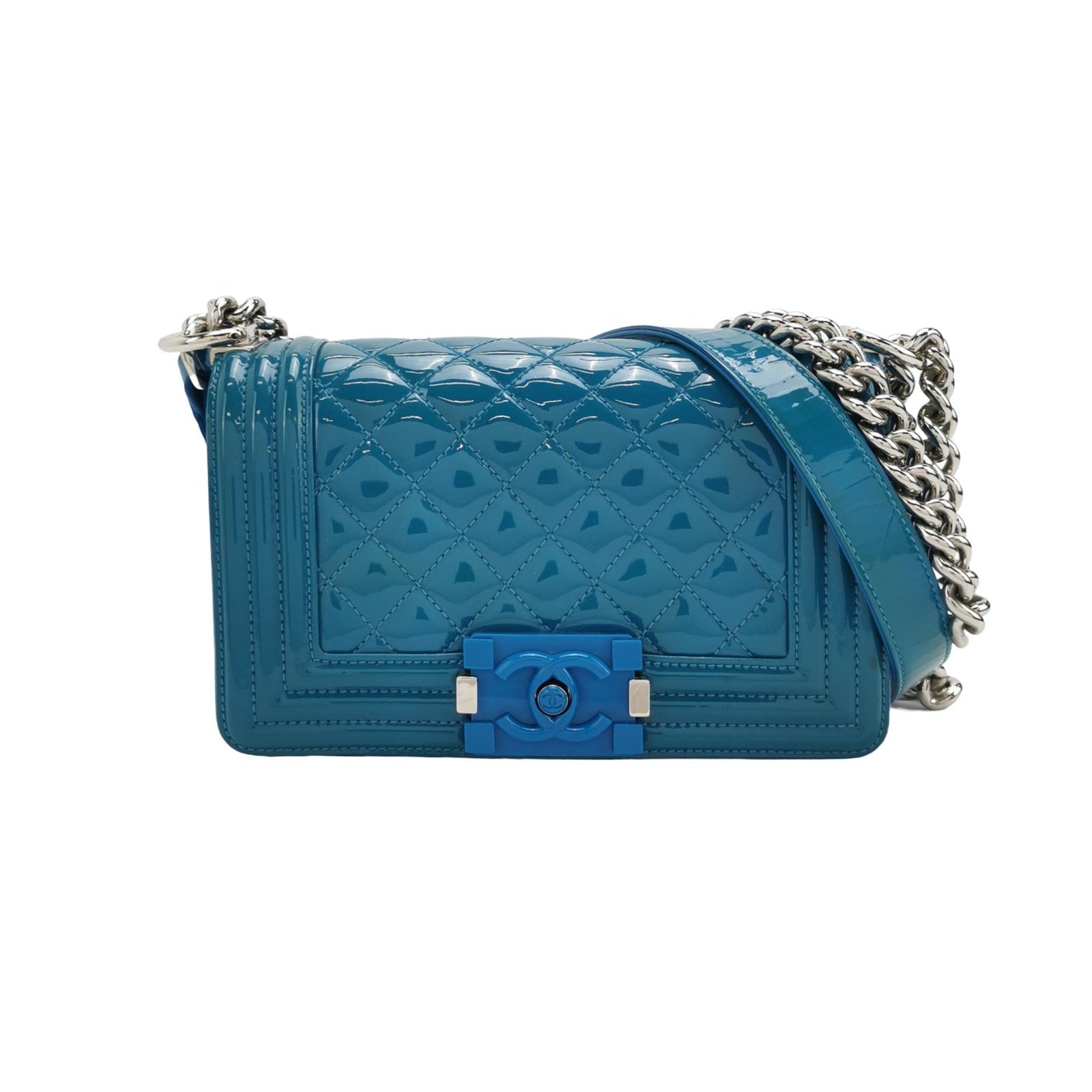 Chanel Le Boy Patent Blue Small Leather Handbag