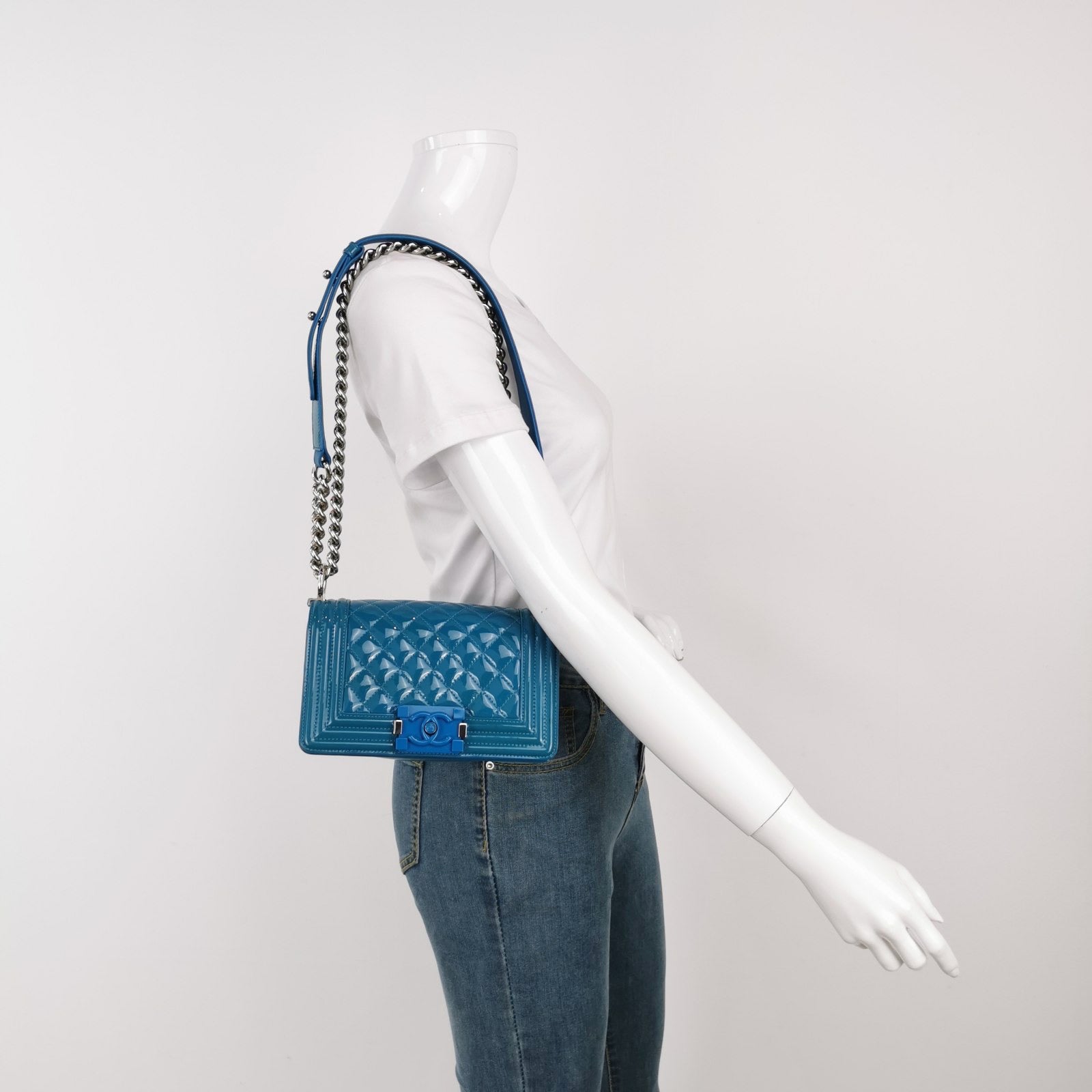 Chanel Le Boy Patent Blue Small Leather Handbag