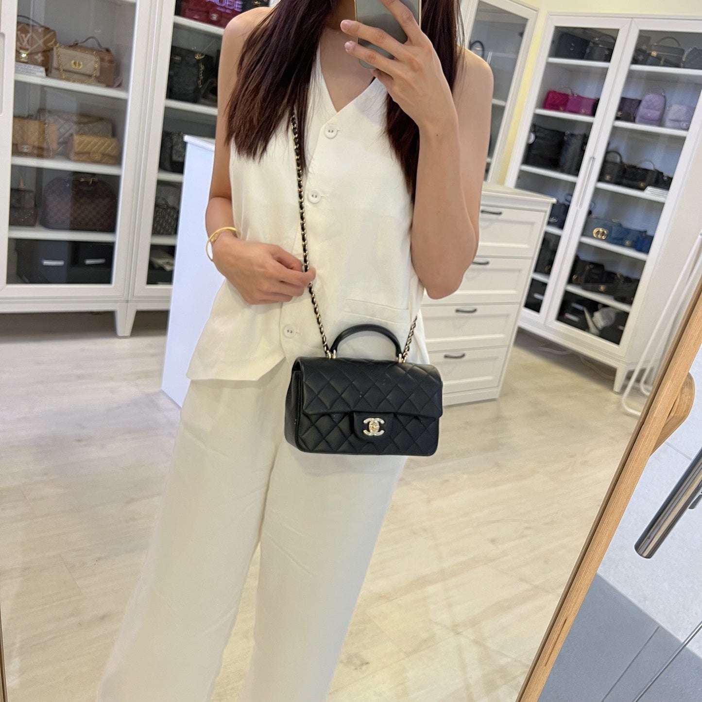 Chanel Classic Top Handle Mini Rectangle Flap In Black Lambskin And Lghw ( ) Bag