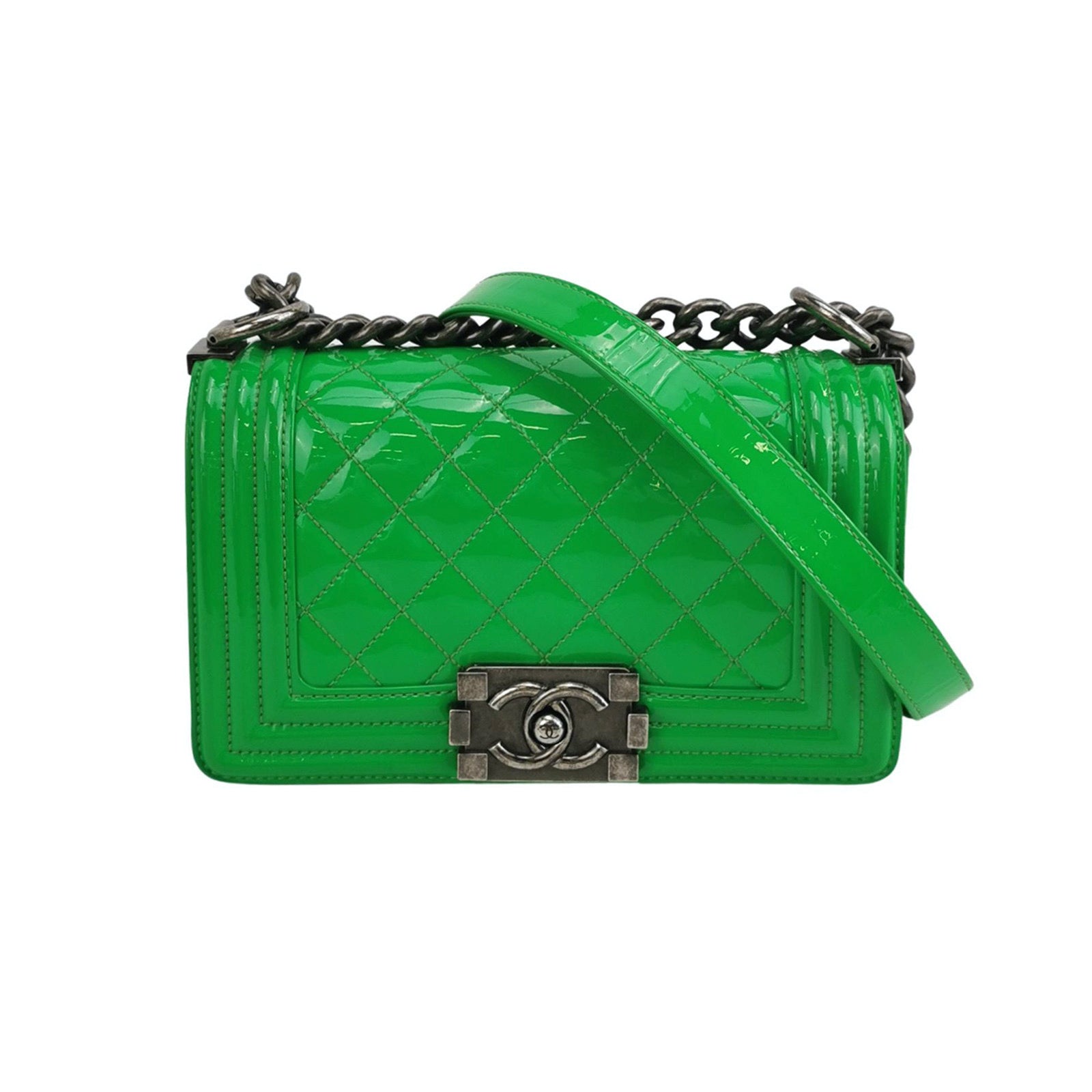 Chanel Le Boy Patent Green Small Leather Handbag