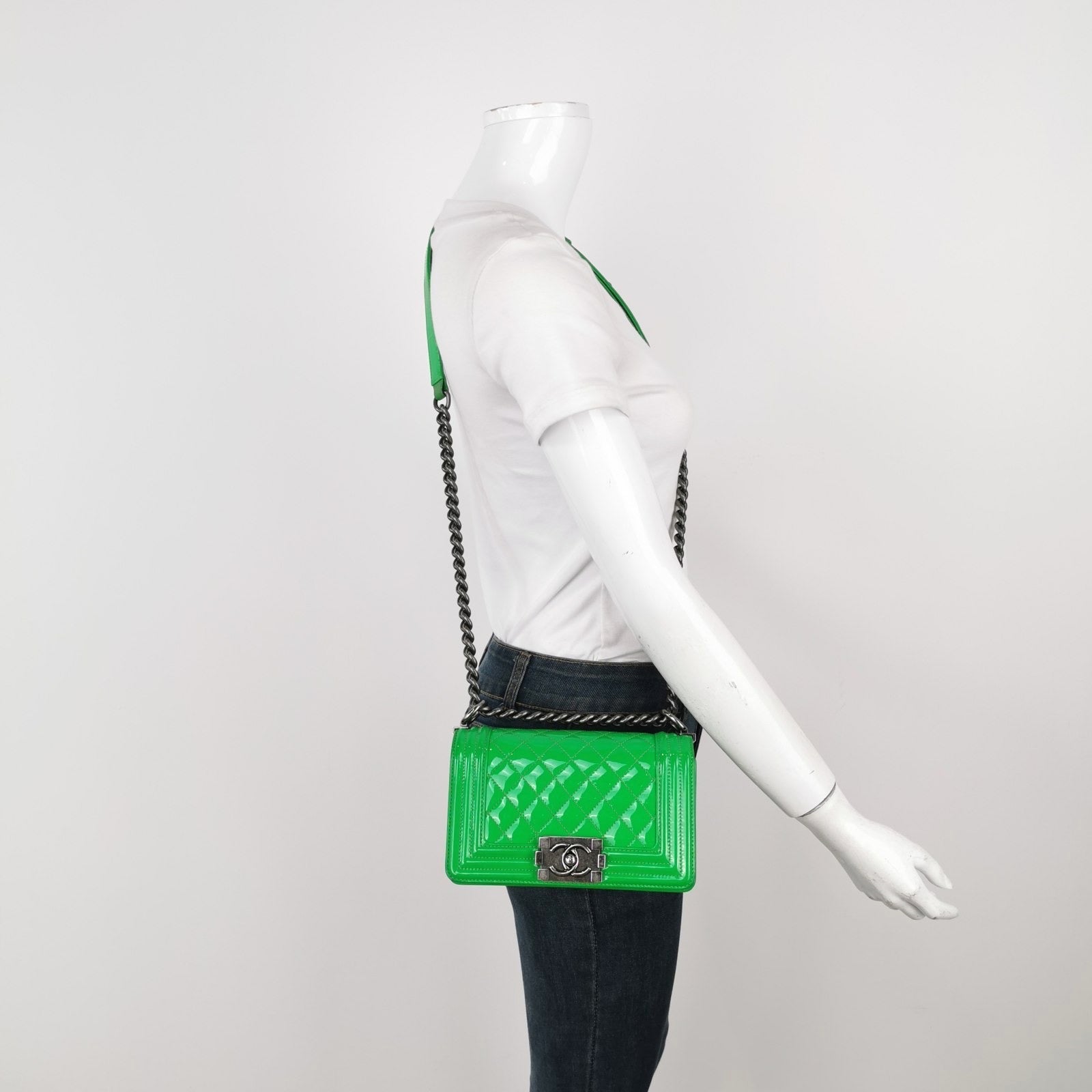 Chanel Le Boy Patent Green Small Leather Handbag