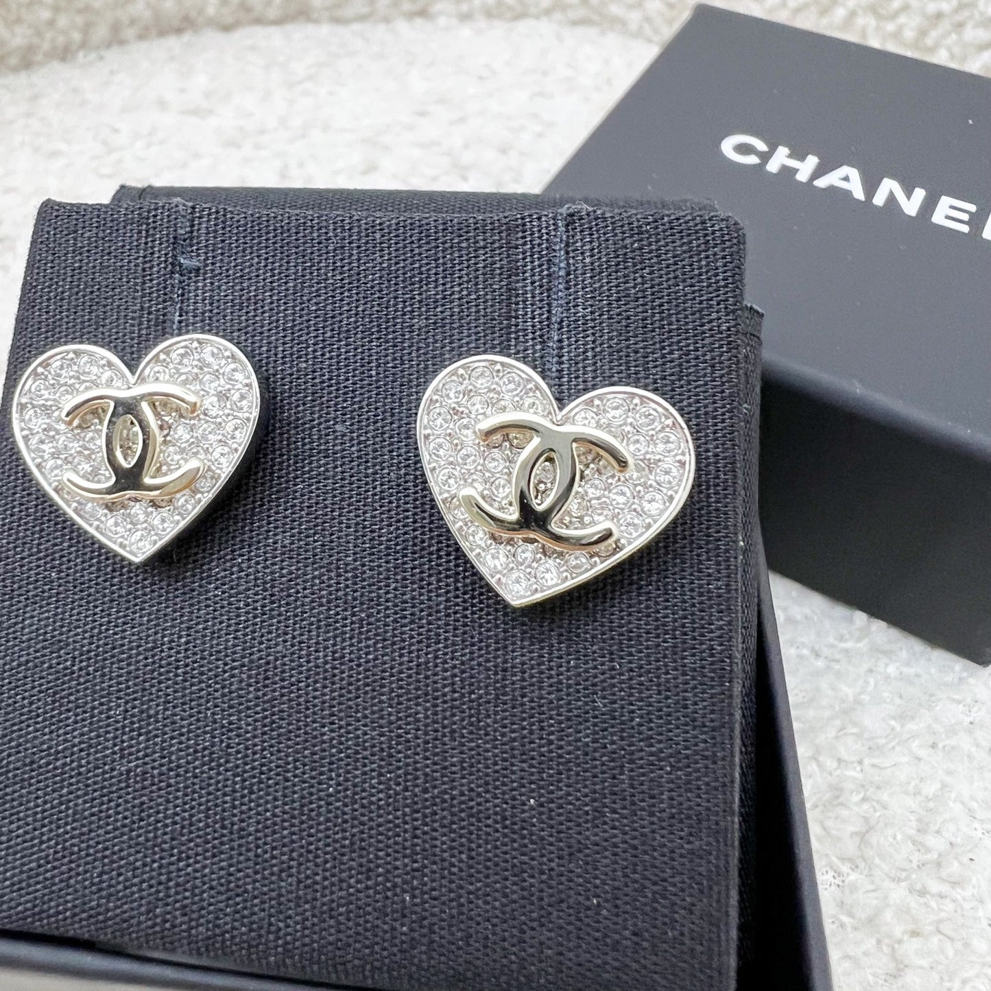 Chanel Heart and CC Earrings with Crystals in SHW