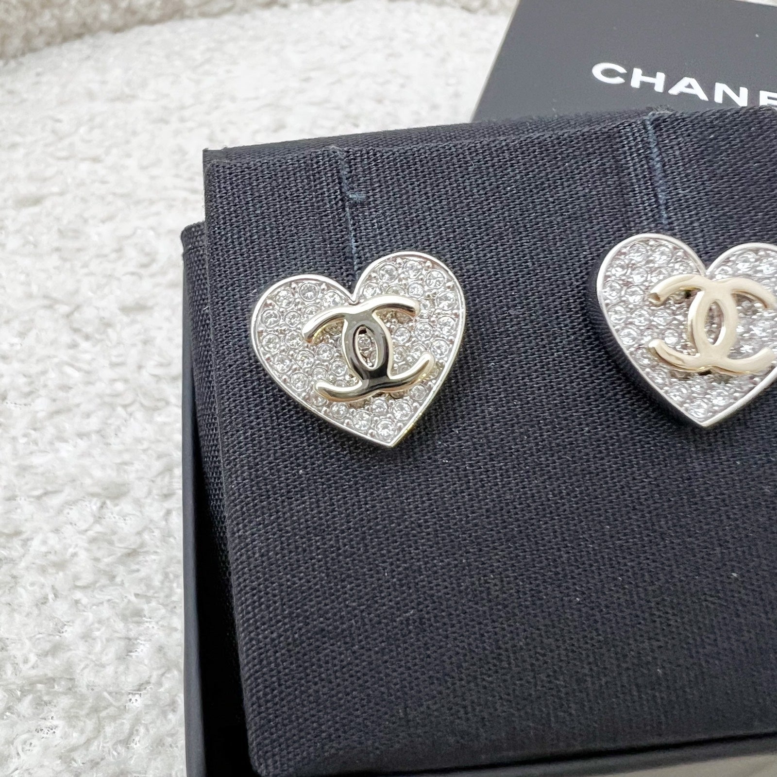 Chanel Heart and CC Earrings with Crystals in Shw