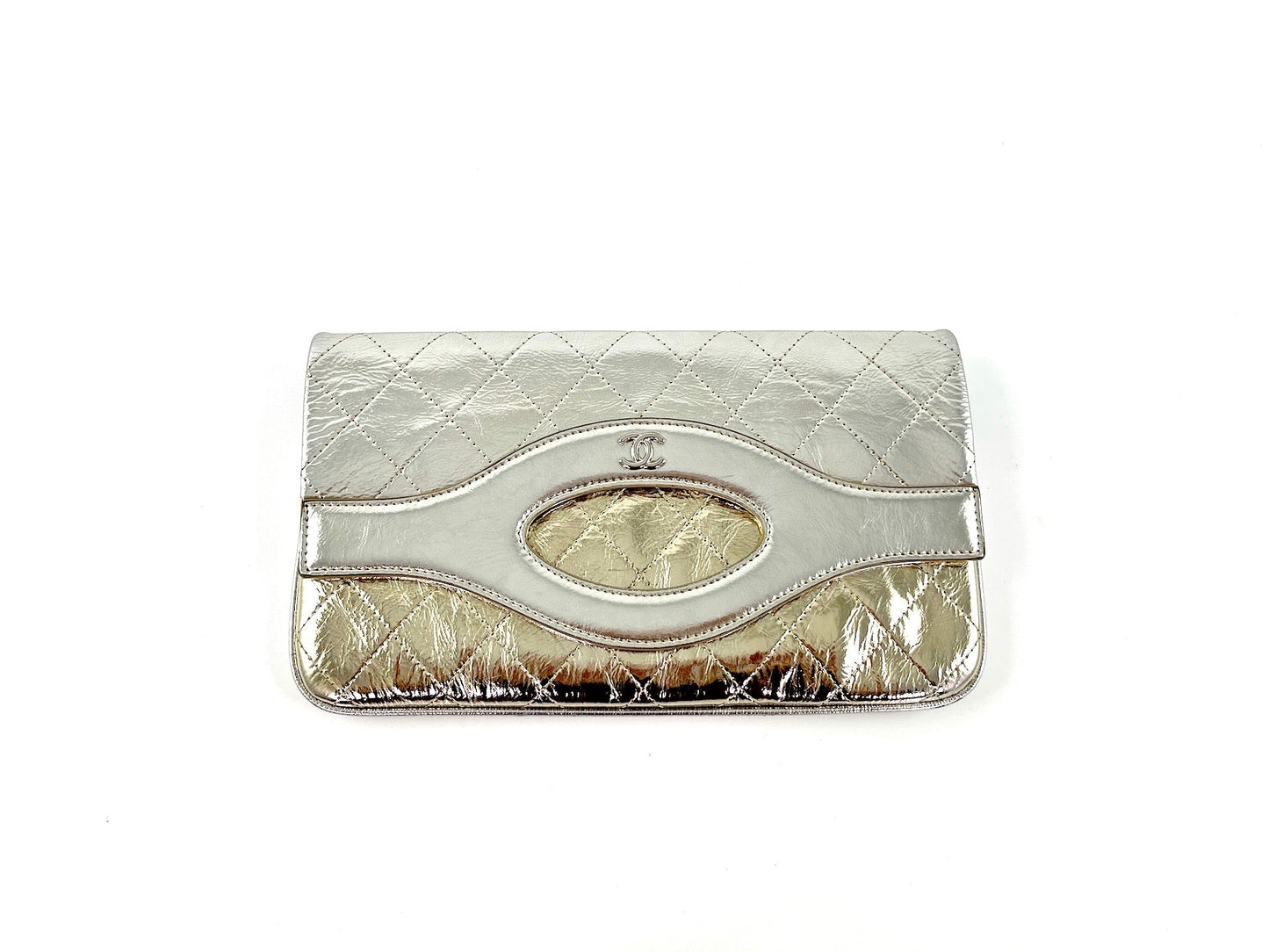 Chanel 2019 Silver Gold Metallic Quilted 31 O Case Flap Clutch Bag