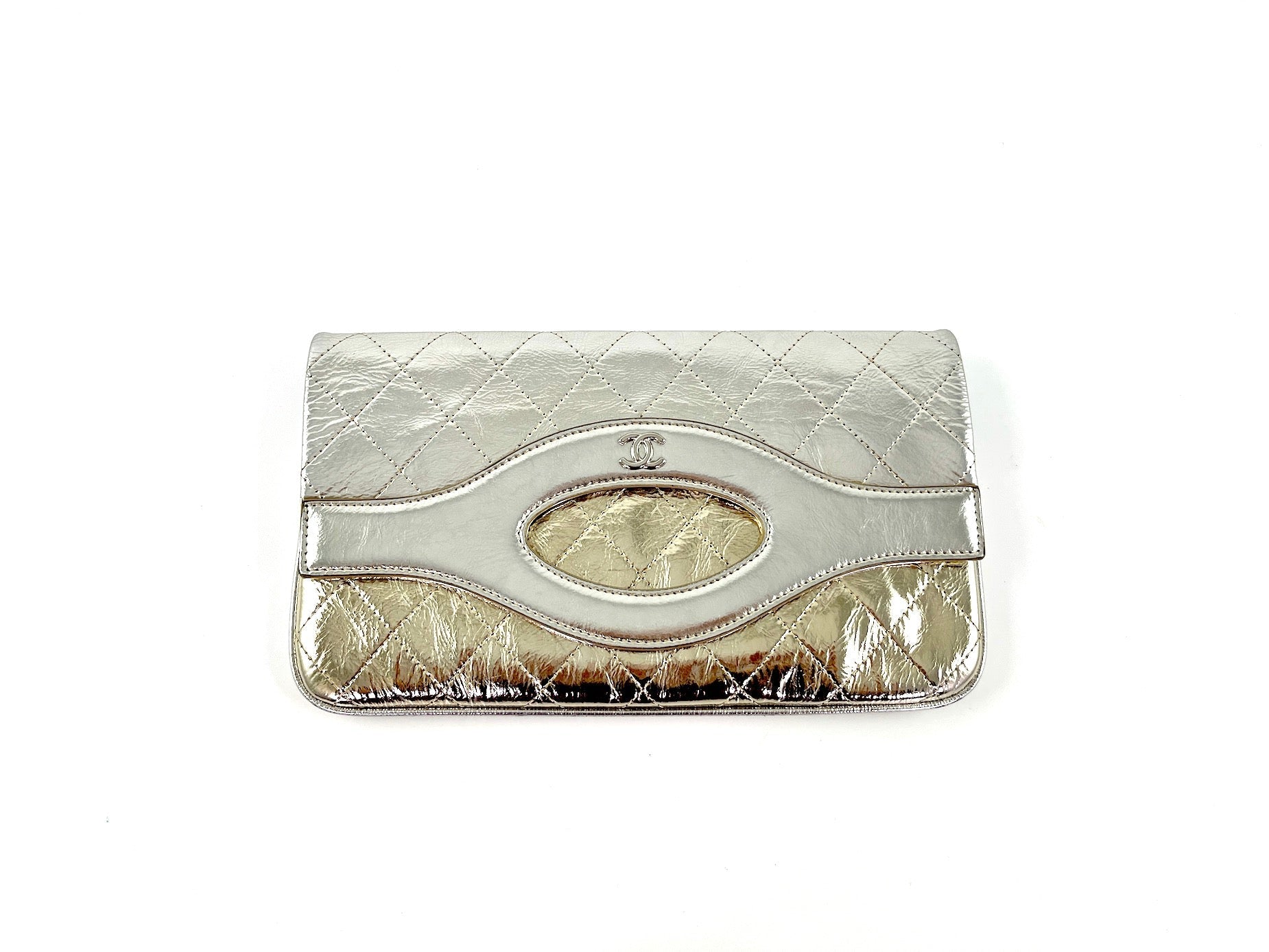 Chanel 2019 Silver Gold Metallic Quilted 31 O Case Flap Clutch Bag