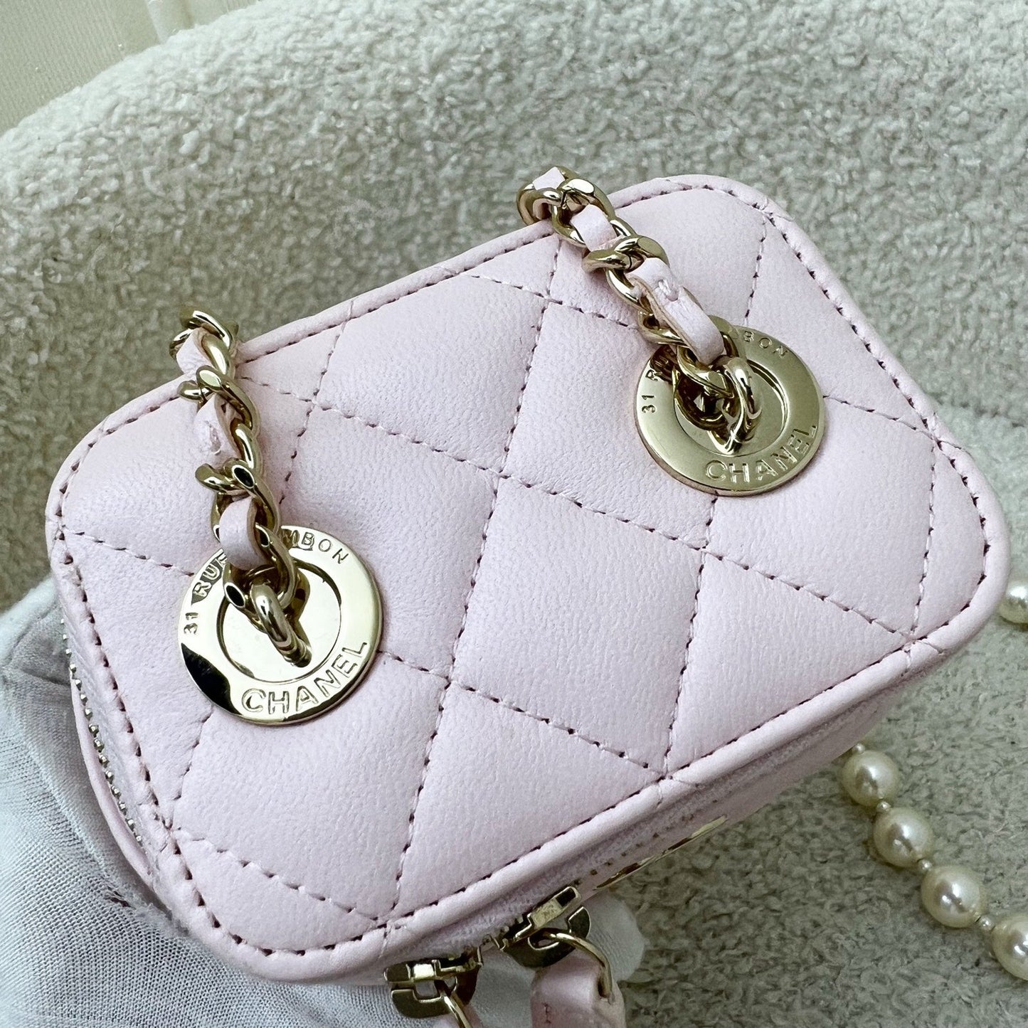 Chanel Mini Vanity With Pearl Chain In Pink Lambskin And Lghw ( ) Bag