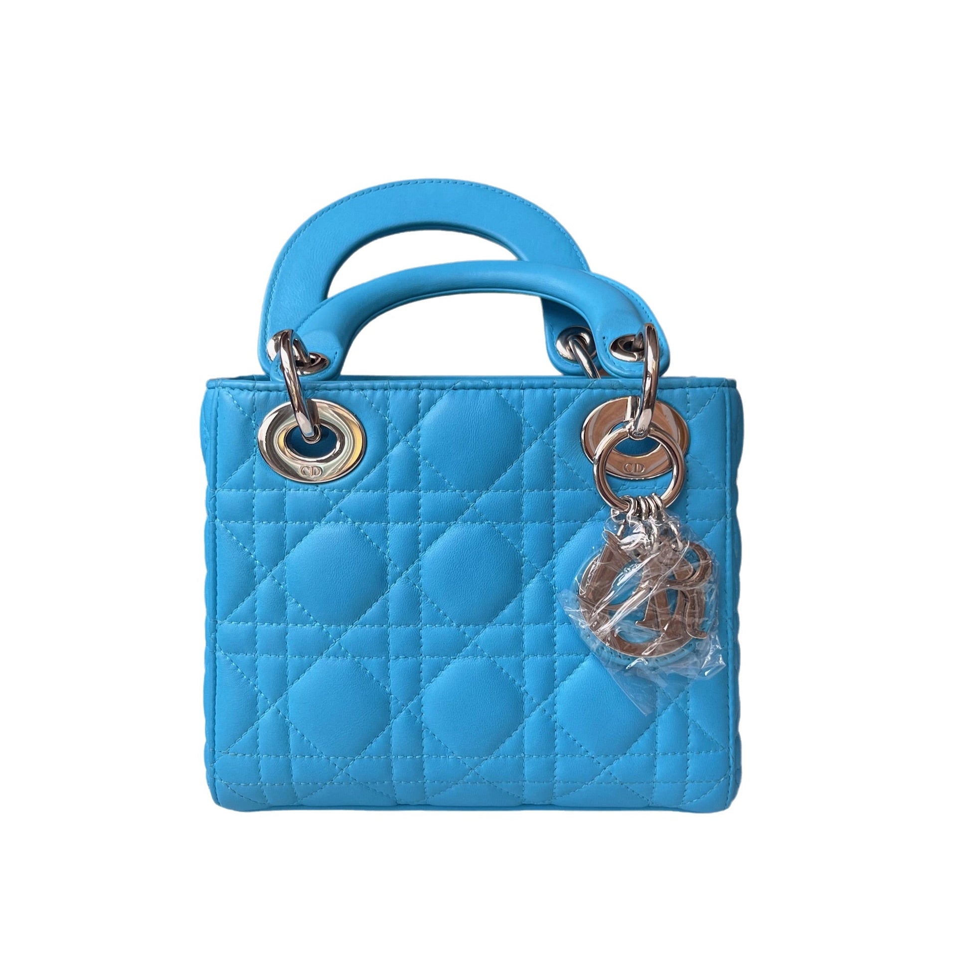 Dior Lady Teal Handbag Cannage With Strap Leather Blue Travel Bag