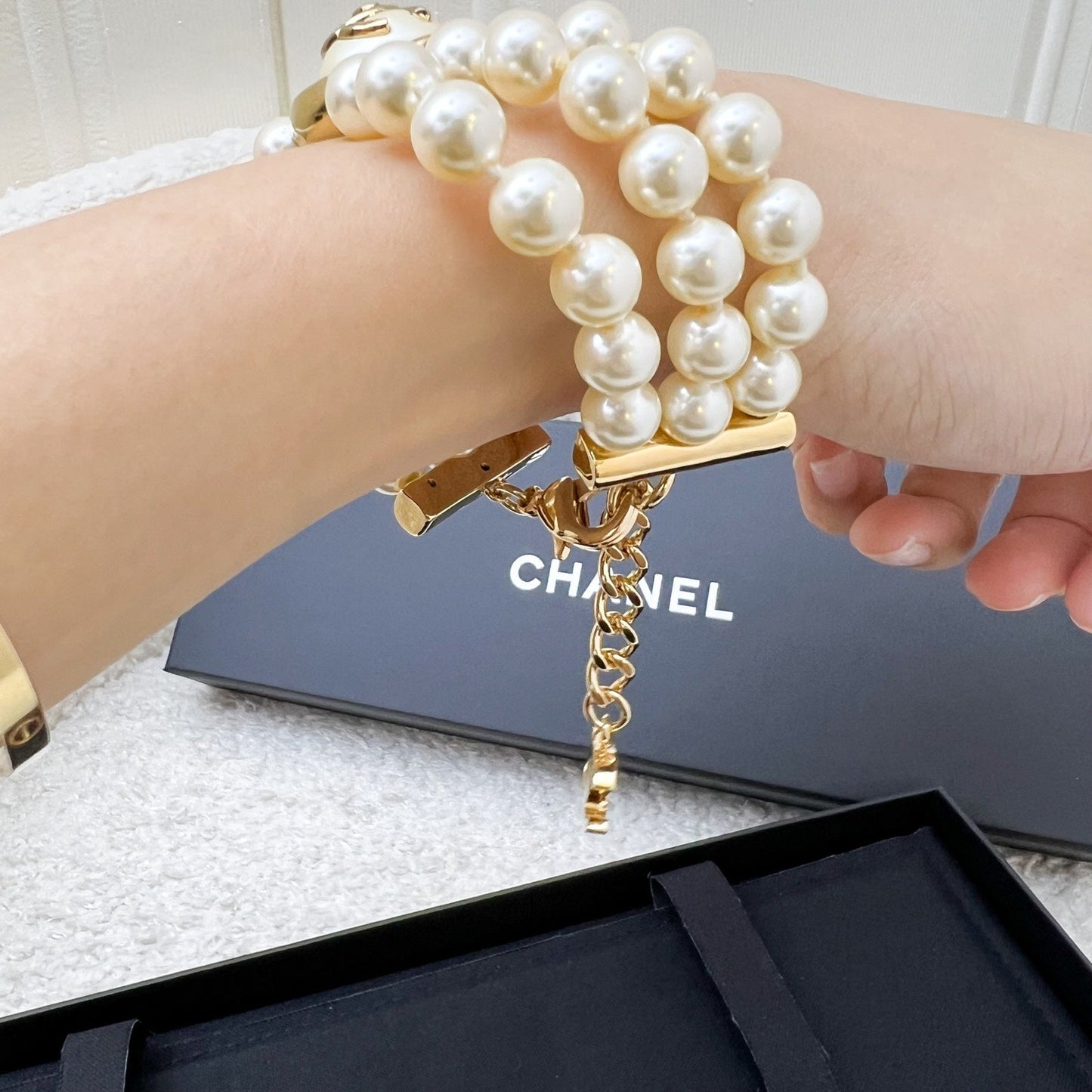 Chanel 24A Triple Row Pearl Bracelet in GHW (ABD703)