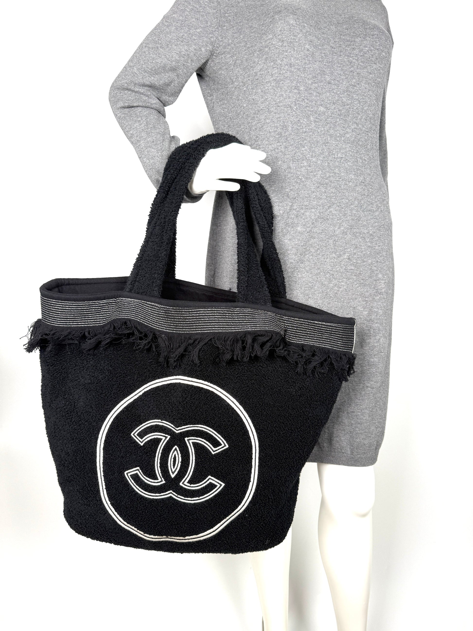 Chanel Terry Cotton Fringe Cc Logo Black Ecru Beach Shopping Tote With Pouch And Towel