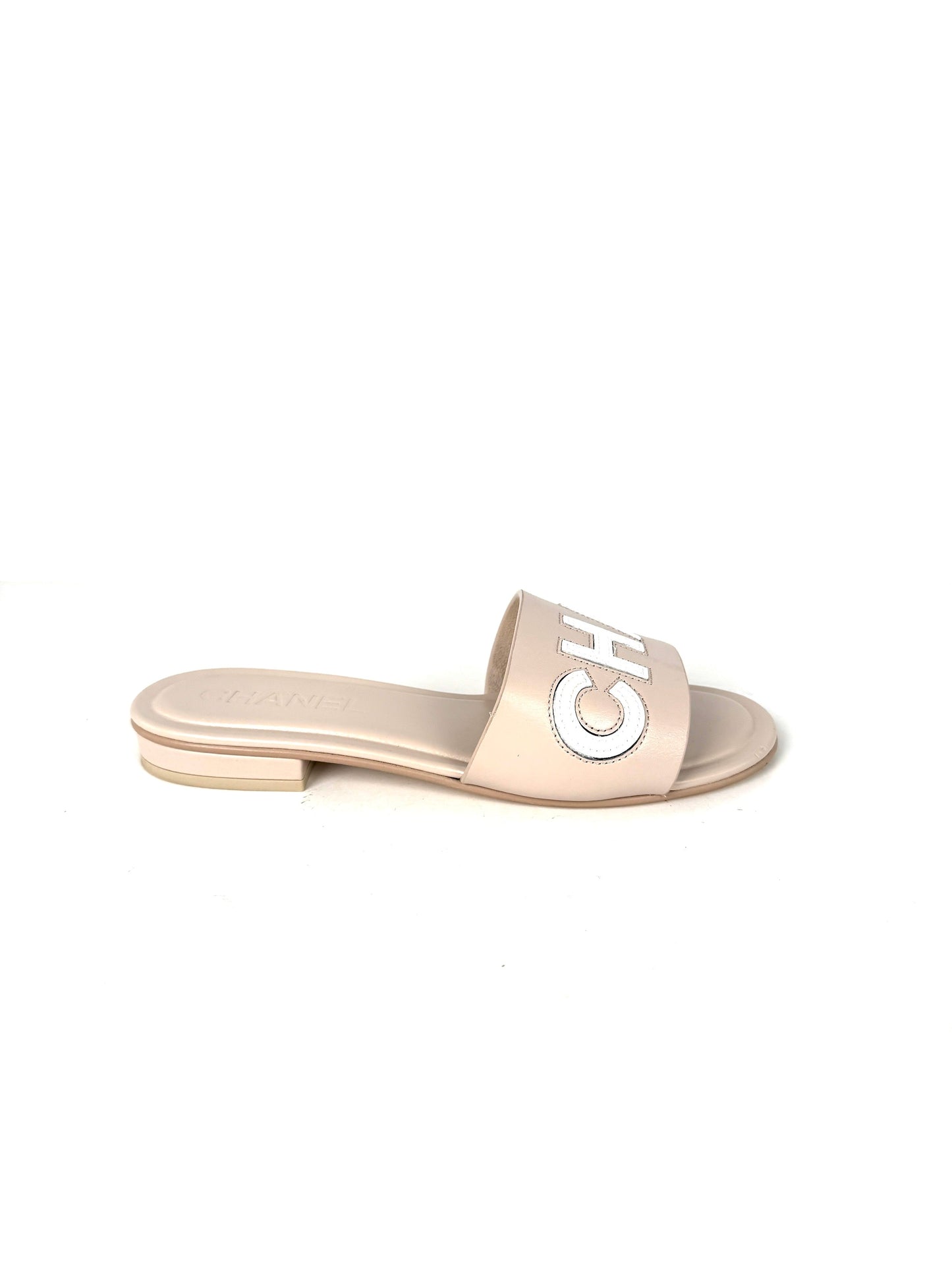 Chanel Print Logo Neutral White Slip on Leather Slide Sandals 38 7.5 for Women