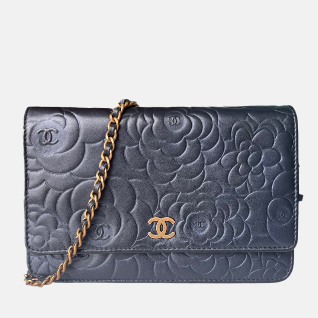 Chanel On Chains WOC Classic Navy Camelia Wallet Case