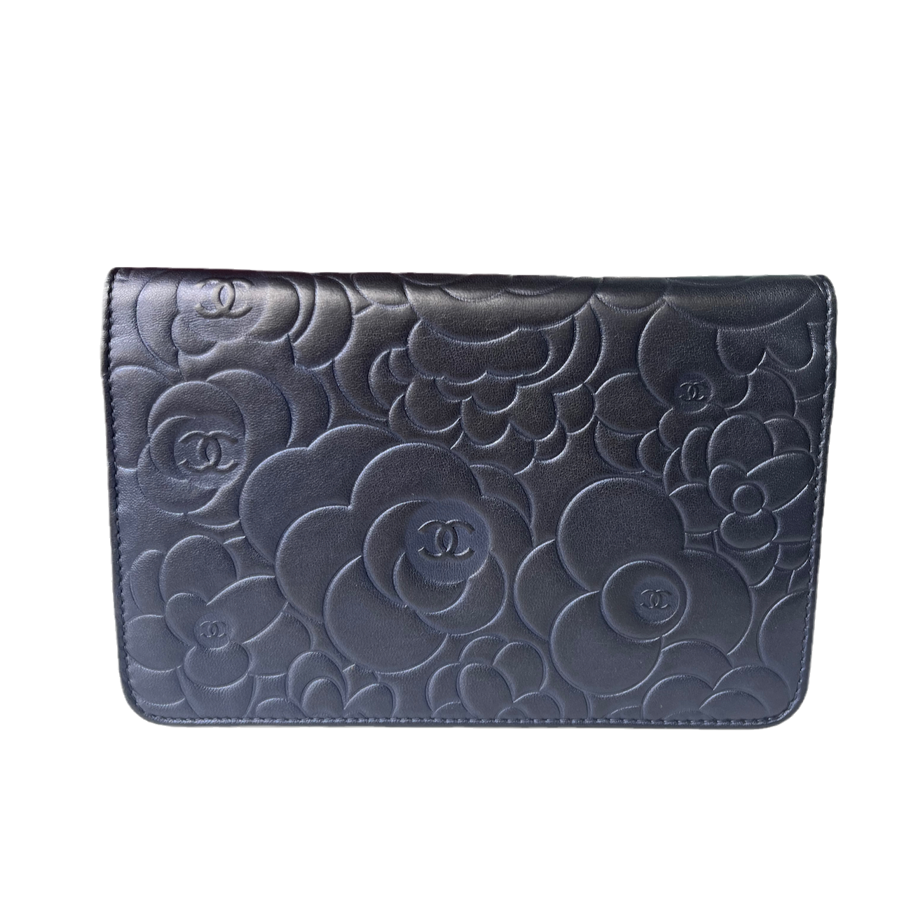 Chanel On Chains WOC Classic Navy Camelia Wallet Case