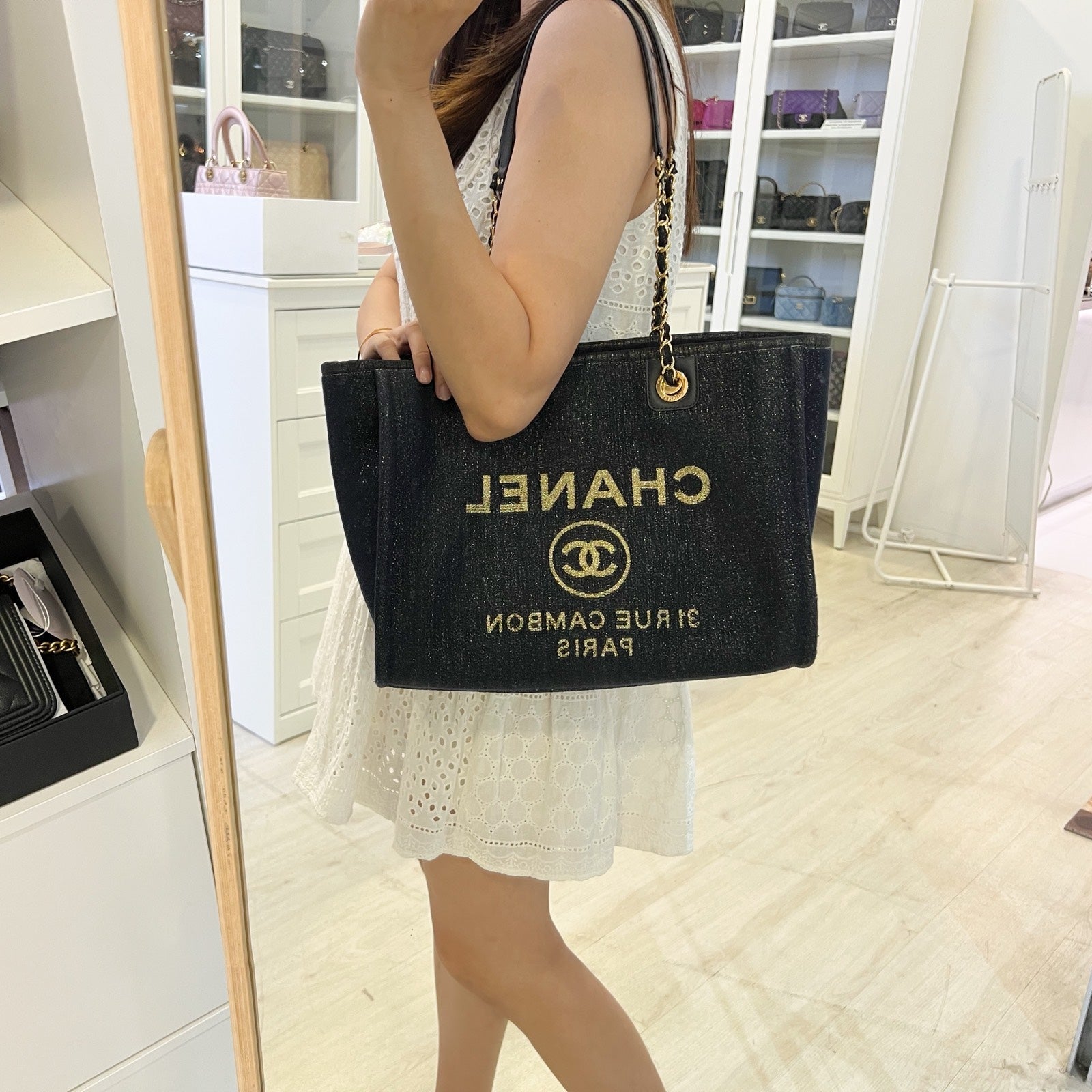 Chanel Deauville Medium Tote in Navy Fabric,glittery Threading and Lghw