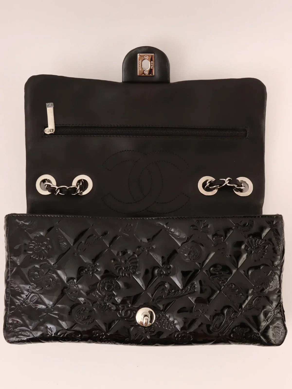 Chanel Around  Made Patent Icon Embossed Turn-Lock Chain Bag Black