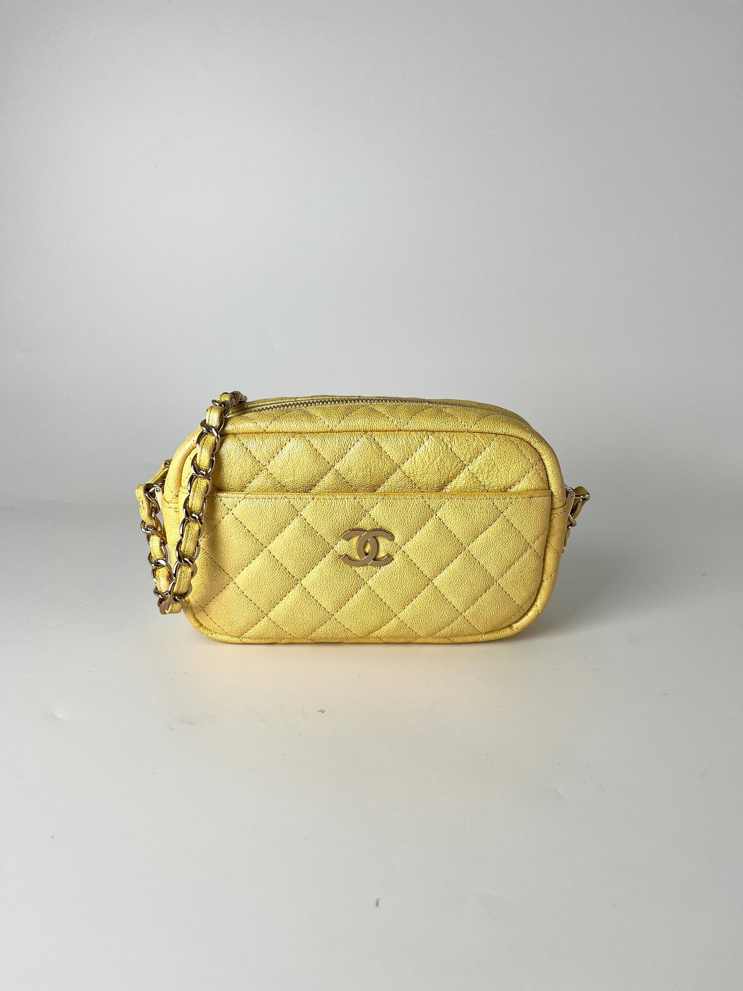 CHANEL Iridescent Yellow Caviar Leather Camera Case Crossbody Bag