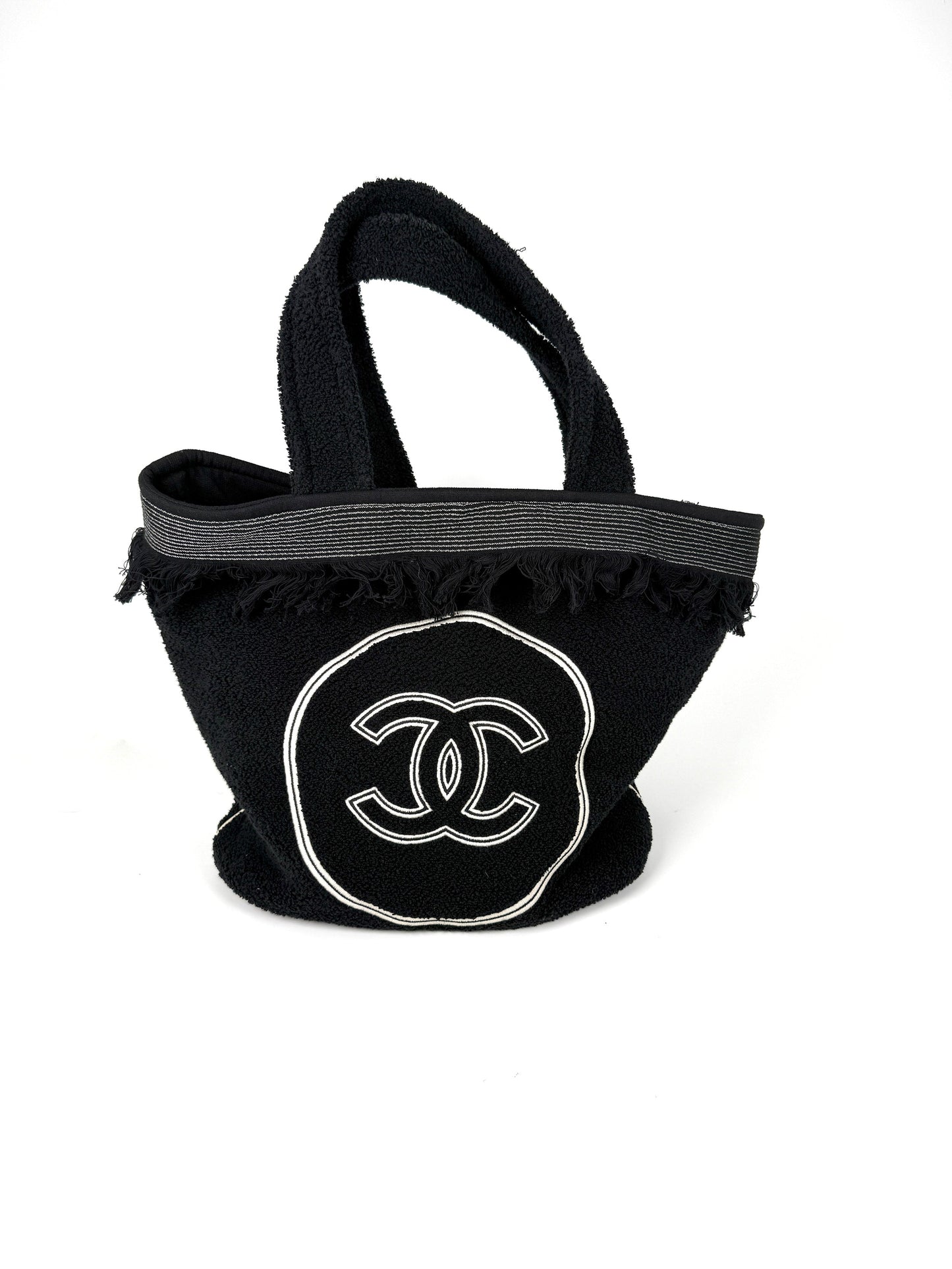 Chanel Terry Cotton Fringe CC Logo Black Ecru Beach Shopping Tote With Pouch And Towel
