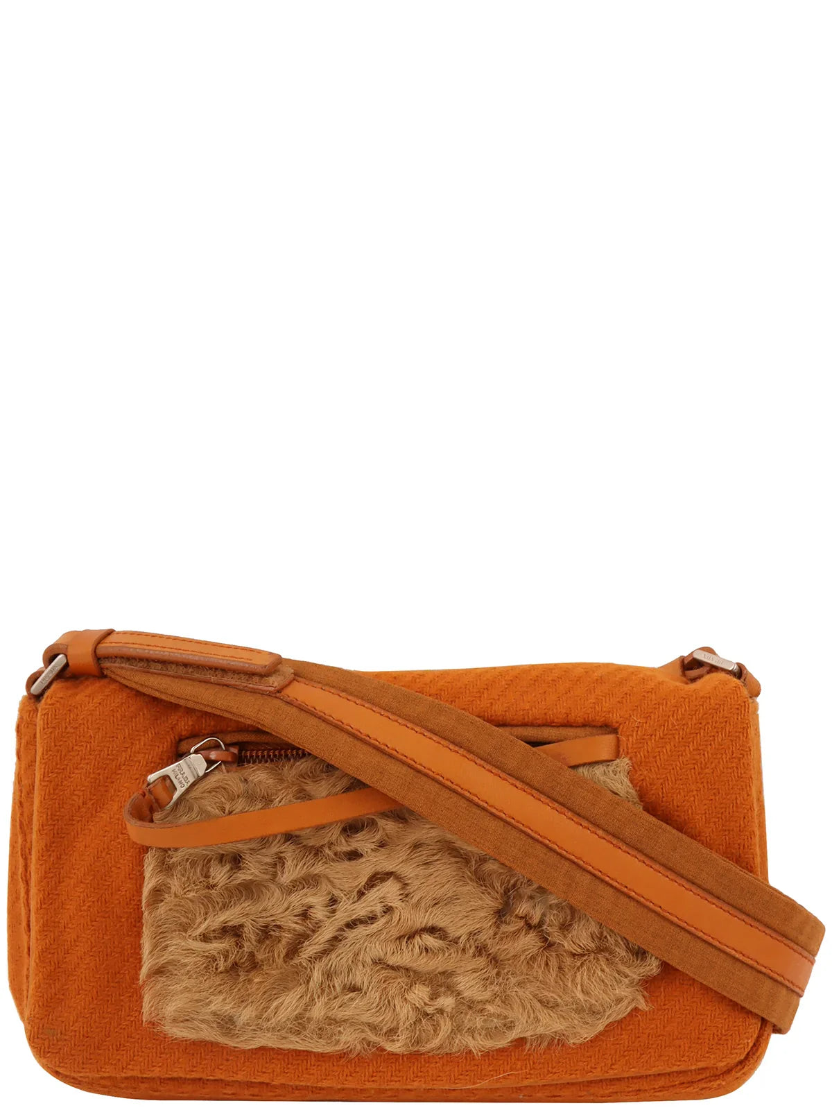 Prada Wool Fur Combination Shoulder Bag Brown Beige Orange