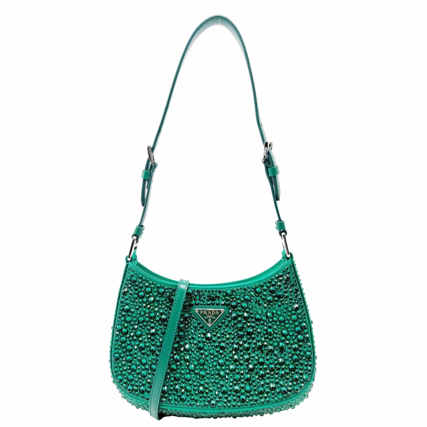 Cleo Cristal Embellished Shoulder Bag Emerald Satin Green