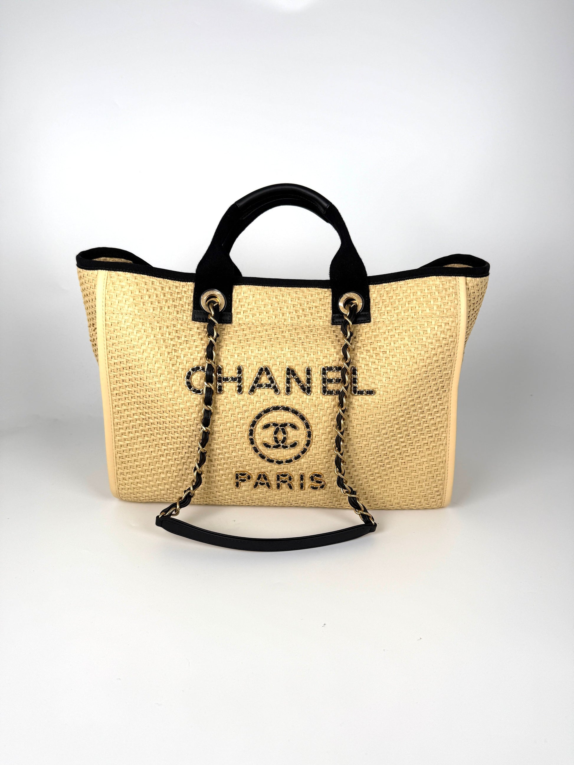 Chanel Deauville Straw Raffia Calfskin Beige Medium Shopping Tote