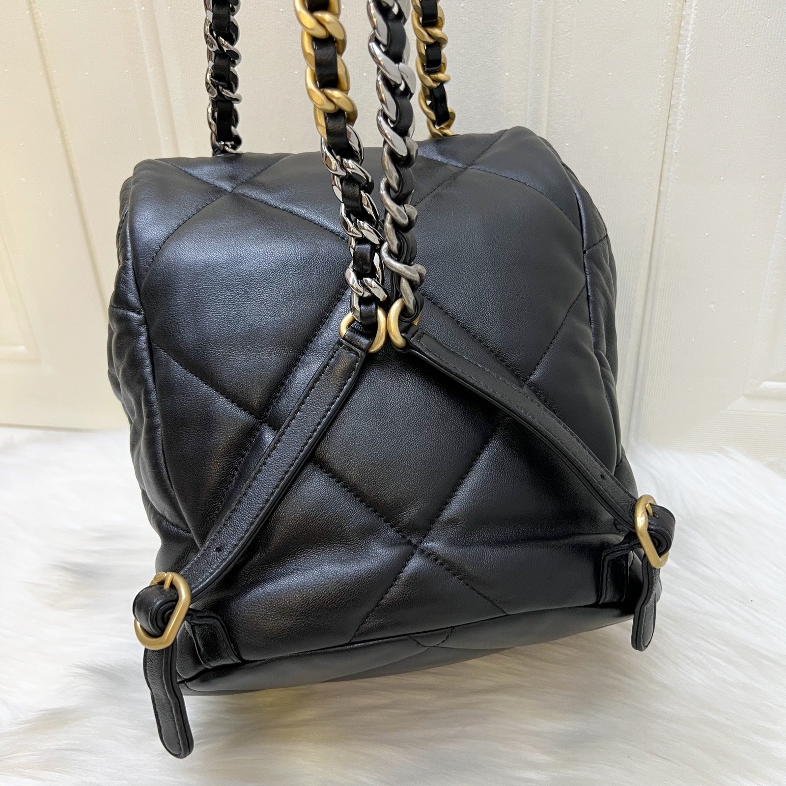 Chanel 19 Backpack in Black Shiny Lambskin and Aghw