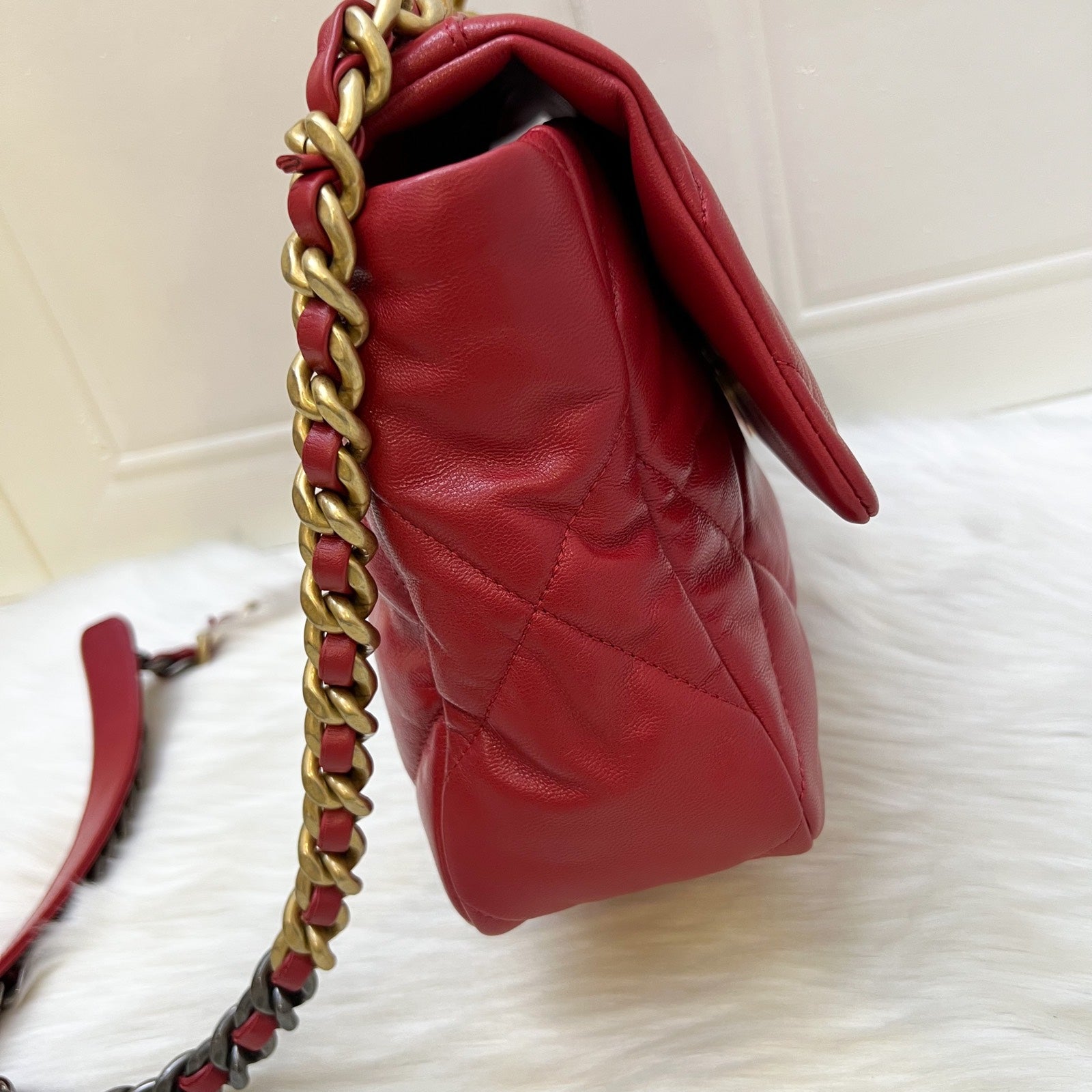 Chanel 19 Medium / Large Flap in Red Lambskin and 3 Tone Hw ( ) Handbag
