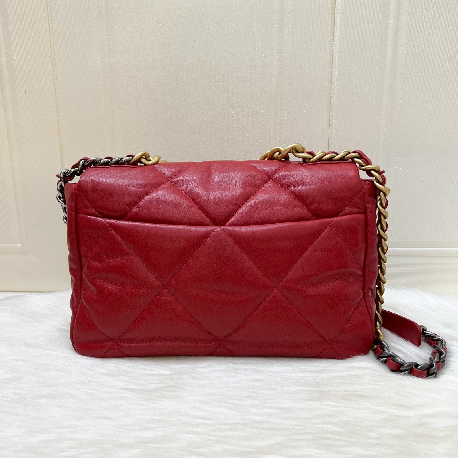 Chanel 19 Medium / Large Flap in Red Lambskin and 3 Tone Hw ( ) Handbag
