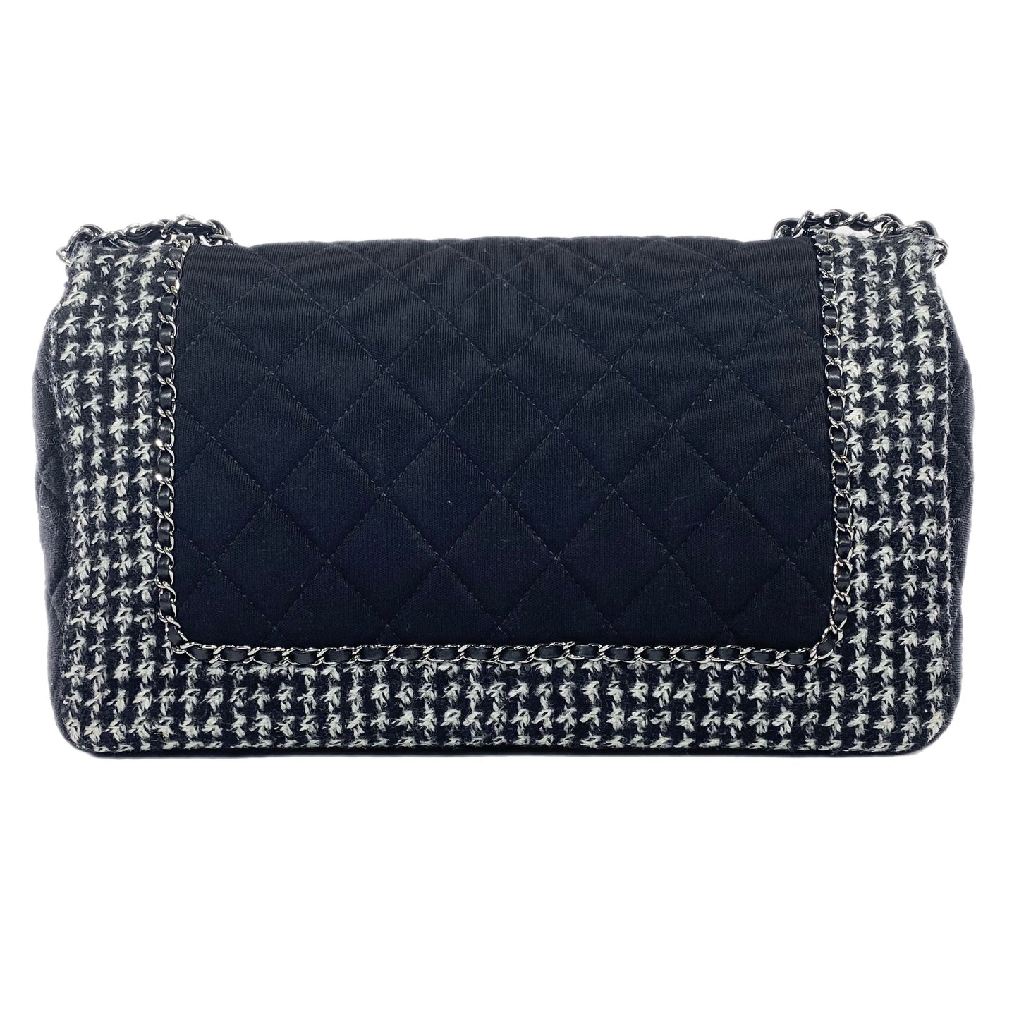 Chanel Black and Ecru Tweed Jersey Quilted Large Flap Bag