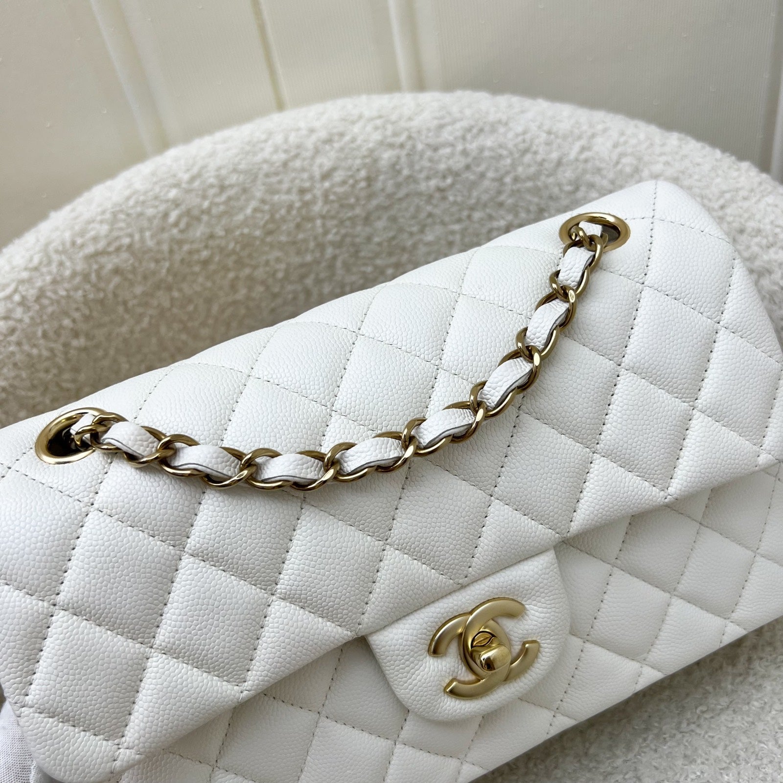 Chanel Small Classic Flap Cf in White Caviar and Lghw Handbag