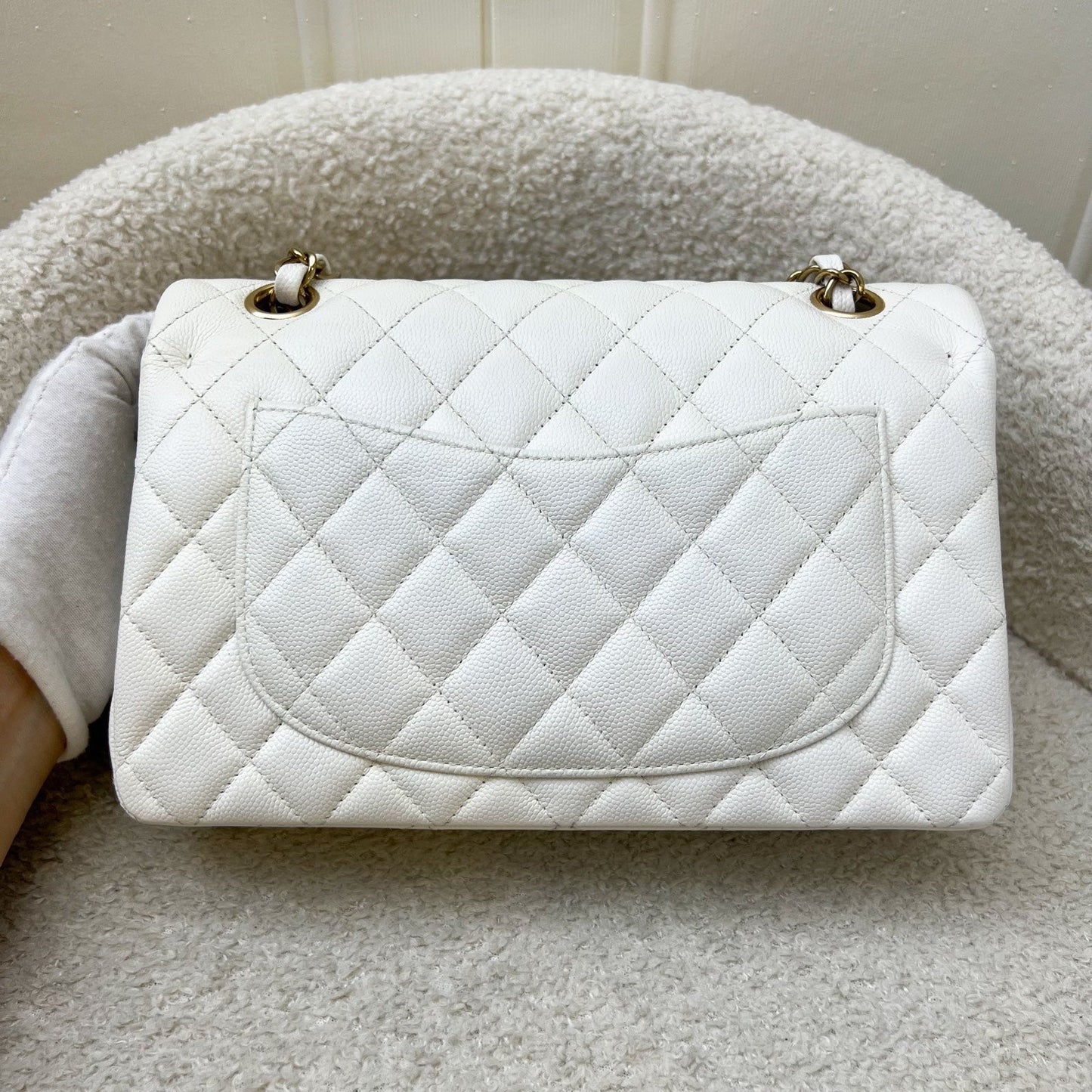 Chanel Small Classic Flap Cf In White Caviar And Lghw Bag