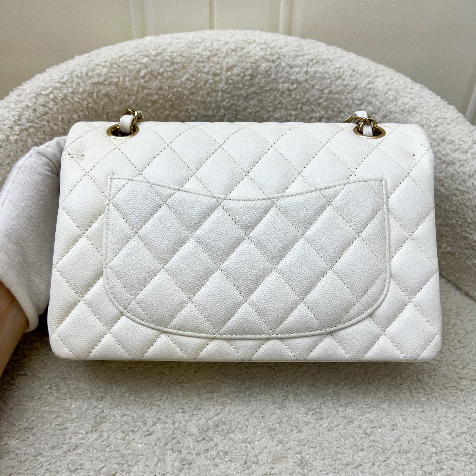 Chanel Small Classic Flap Cf In White Caviar And Lghw Bag