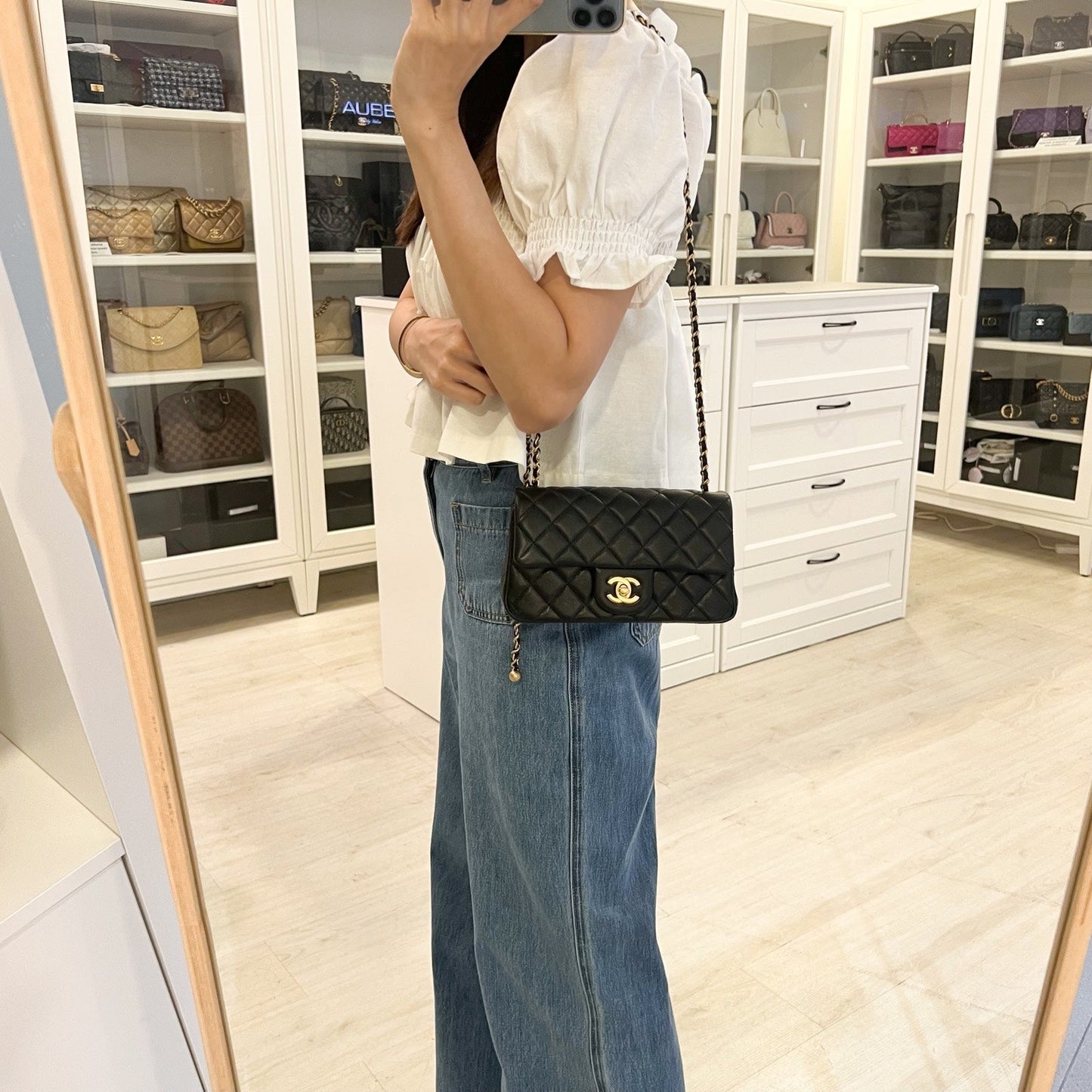 Chanel Pearl Crush Mini Rectangle Flap in 24K Black Stiff Lambskin and Aghw (AS1787) Handbag