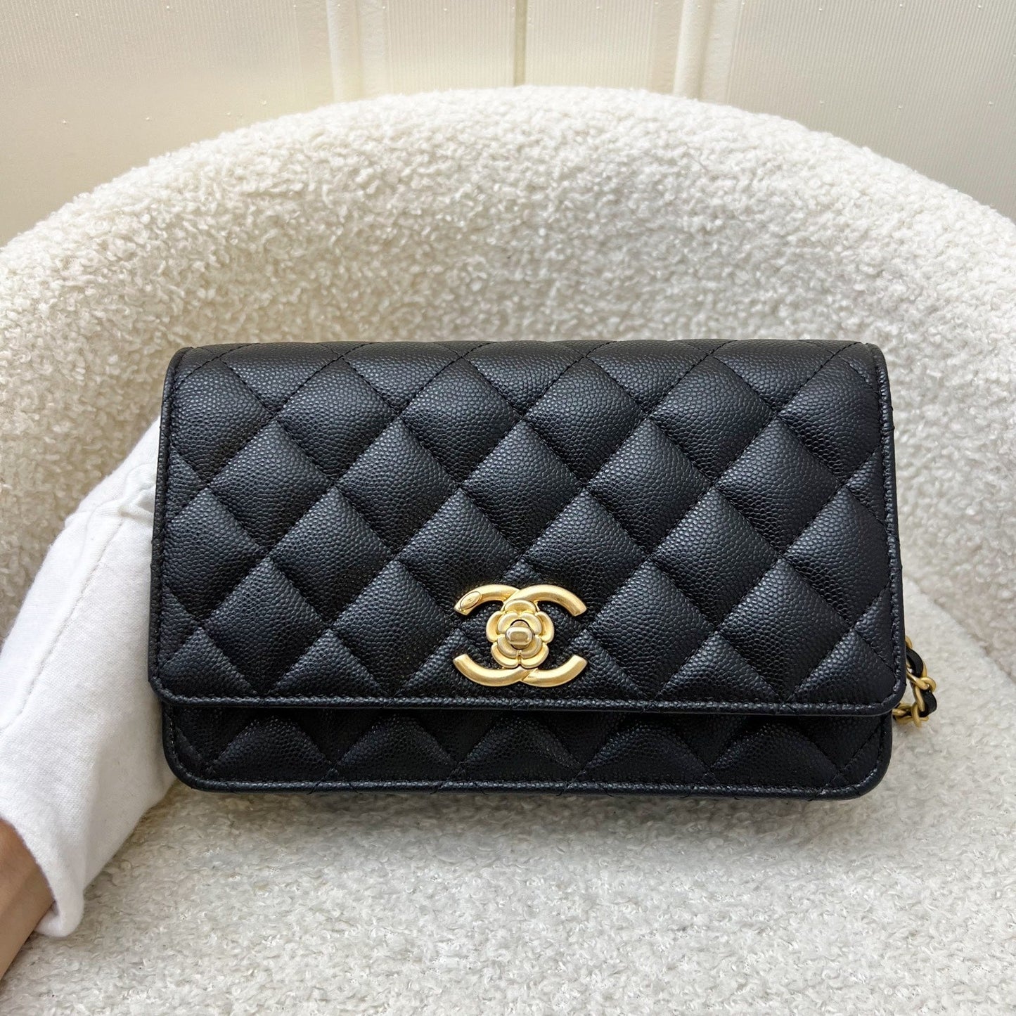 Chanel 23K Camellia Flower Wallet on Chain WOC in Black Caviar and Aghw (AP3580) Handbag