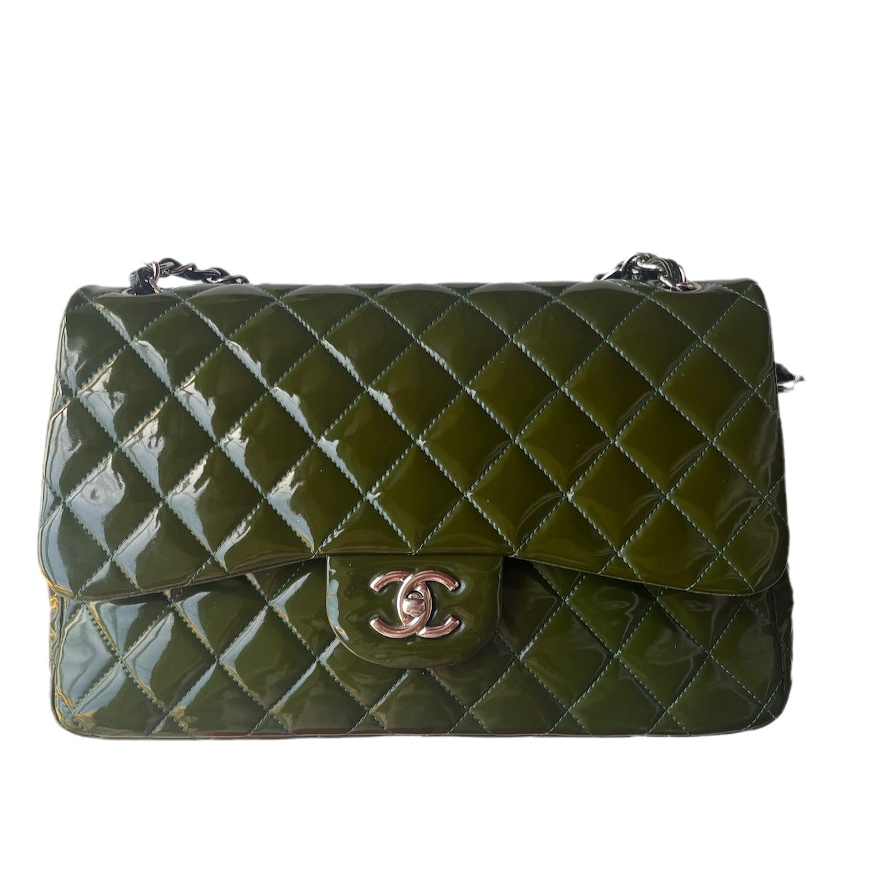 Chanel Classic Flap Jumbo Patent Hardware Green Silver Leather Handbag