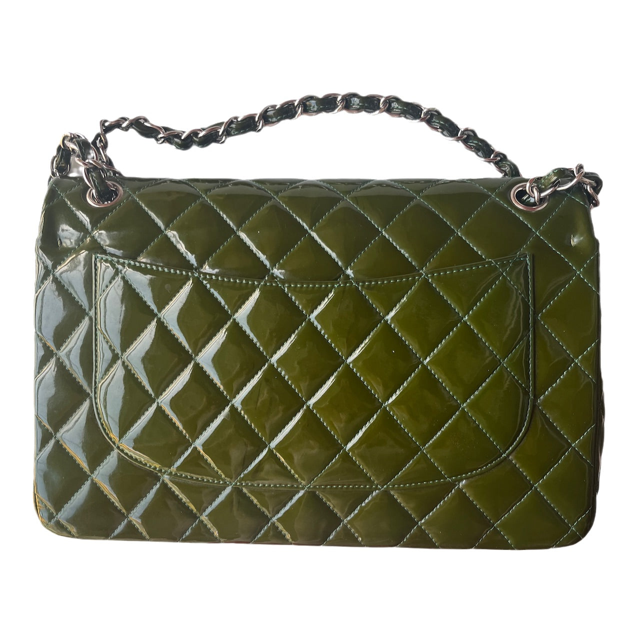 Chanel Classic Flap Jumbo Patent Hardware Green Silver Leather Handbag