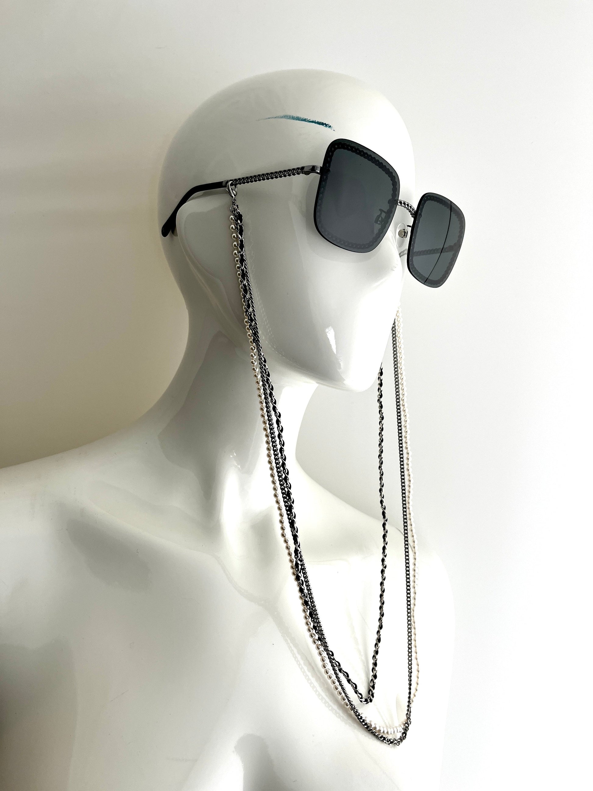 Chanel Square Chain Signature Black Silver Faux Pearl Sunglasses Bag