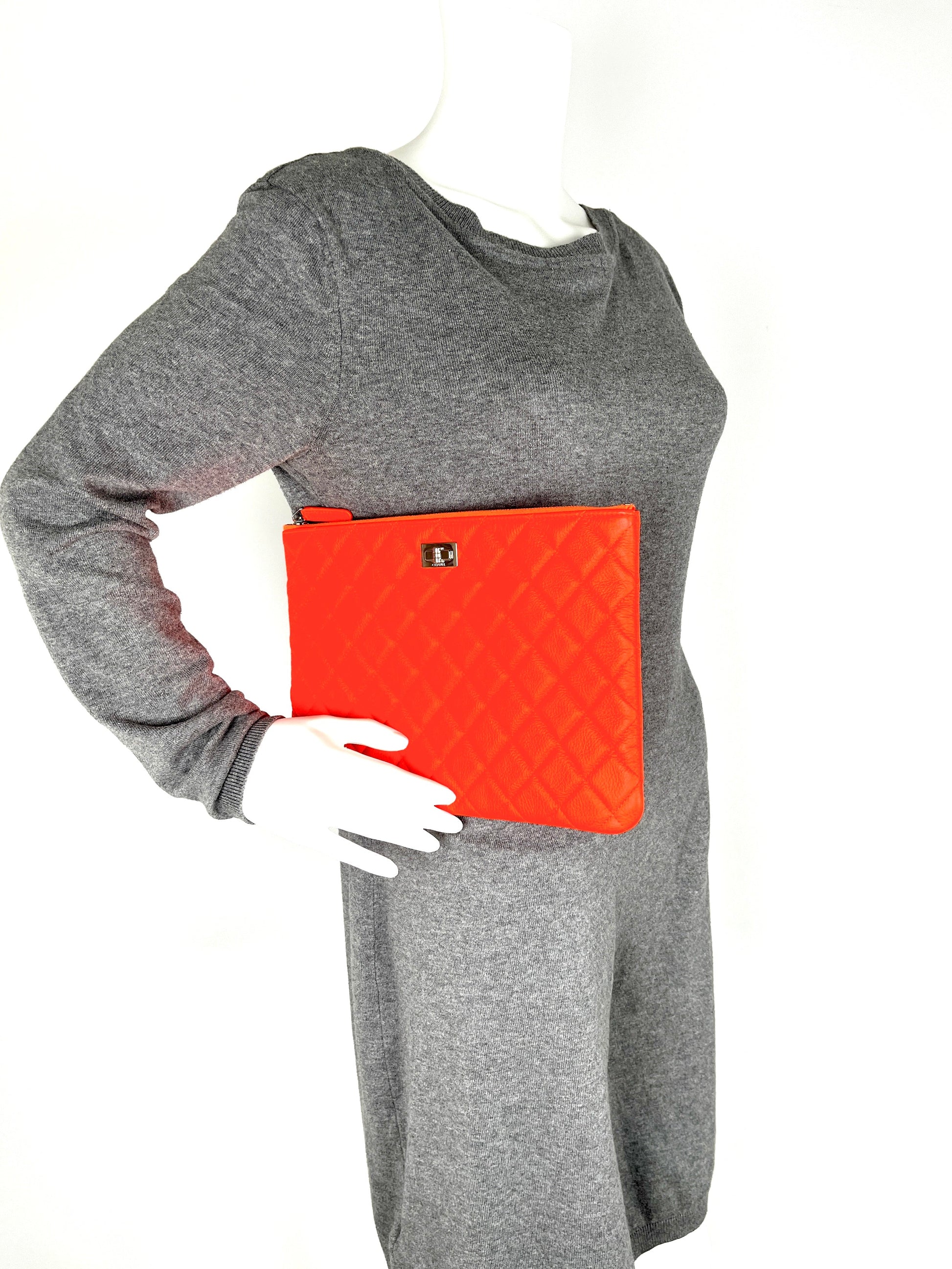 Chanel Reissue 2.55 O Case Goatskin Medium Fluorescent Neon Orange Quilted Clutch Bag