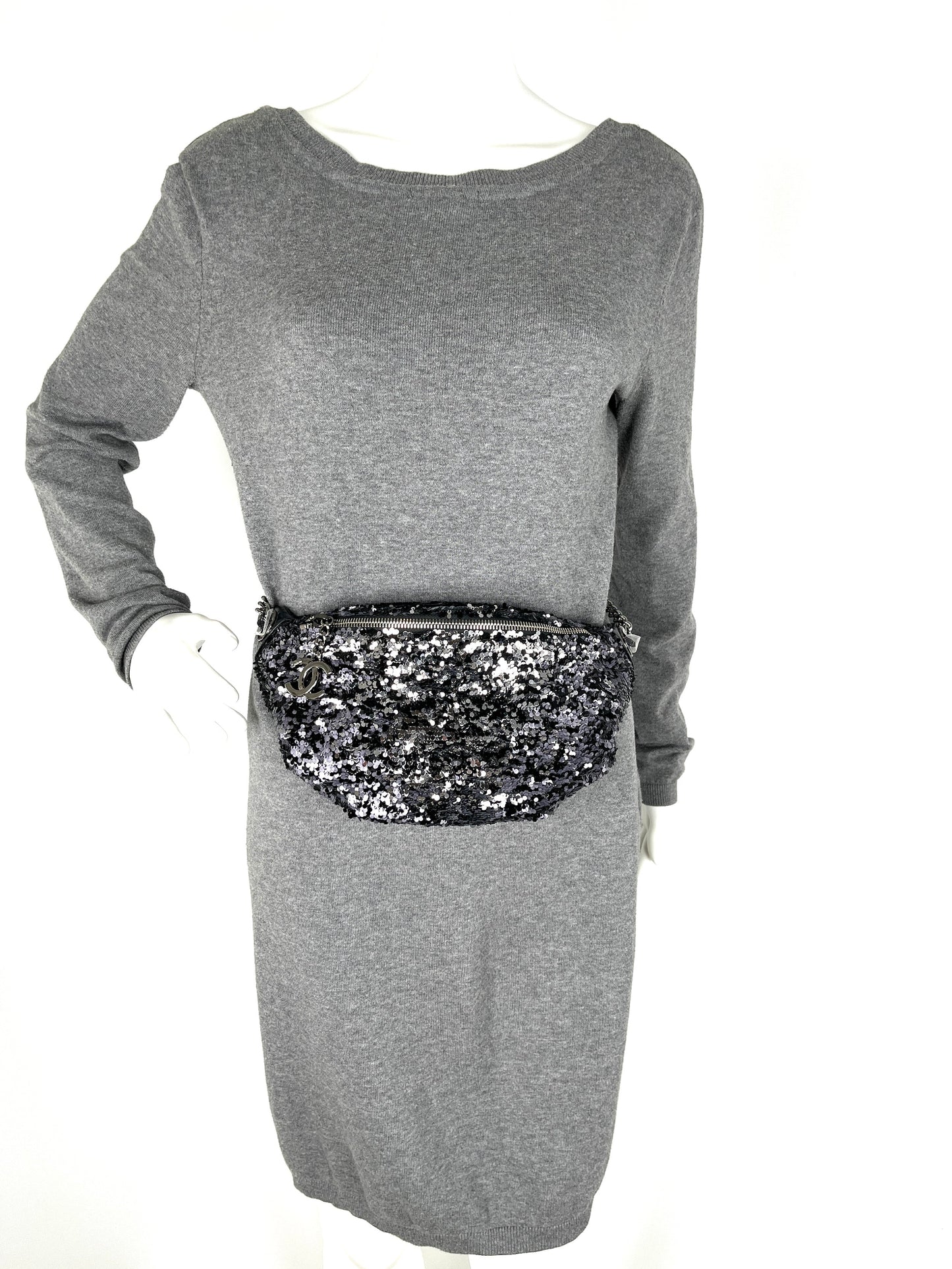 Chanel Sequin Glazed Calfskin Black Silver Waist Fanny Bum Bag