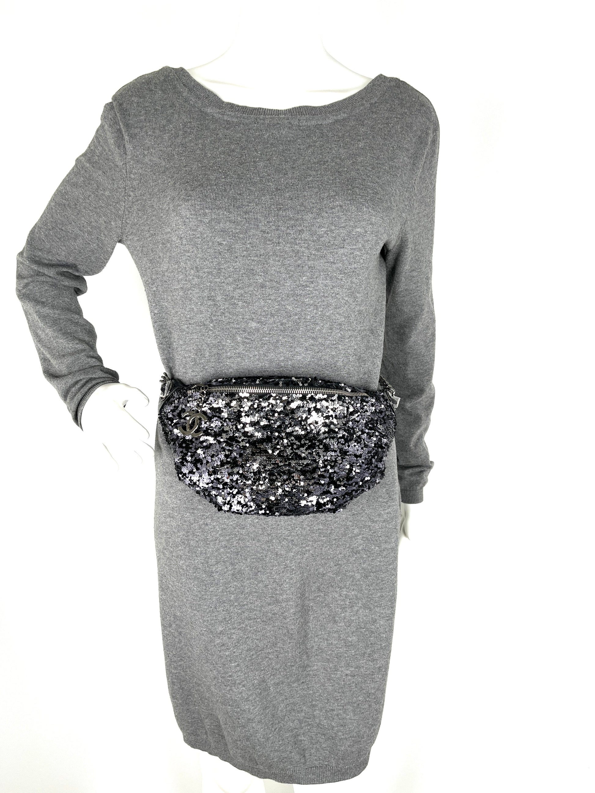 Chanel Sequin Glazed Calfskin Black Silver Waist Fanny Bum Bag