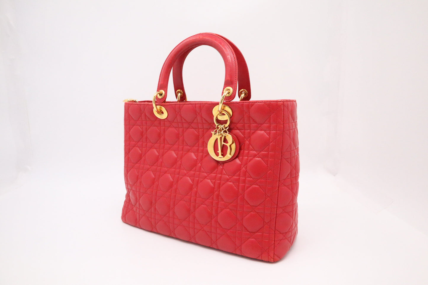 Dior Lady In Cannage Handbag Leather Red Travel Bag