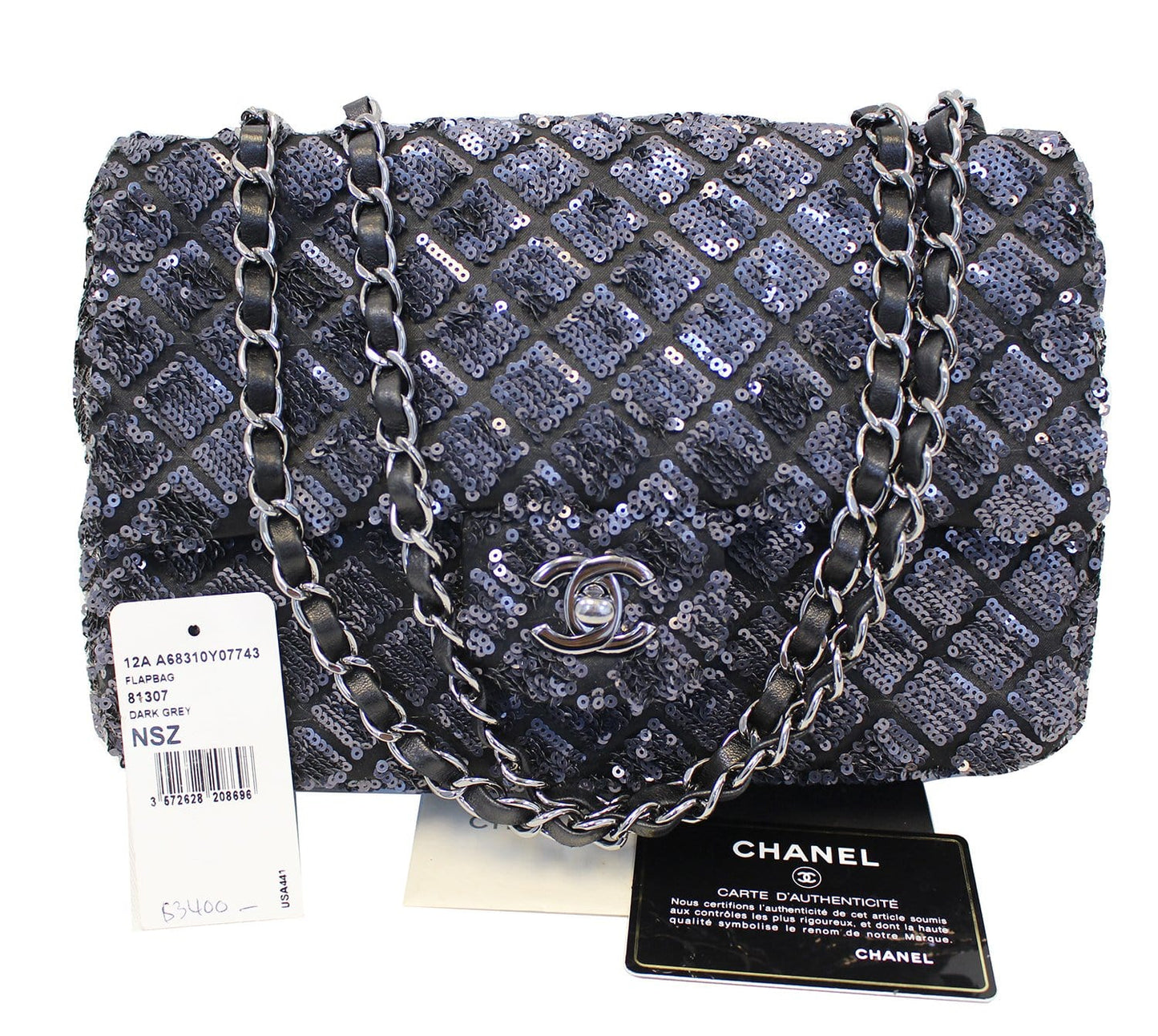 Chanel Navy Dark Grey Sequin Shoulder Bag Limited Blue Flap