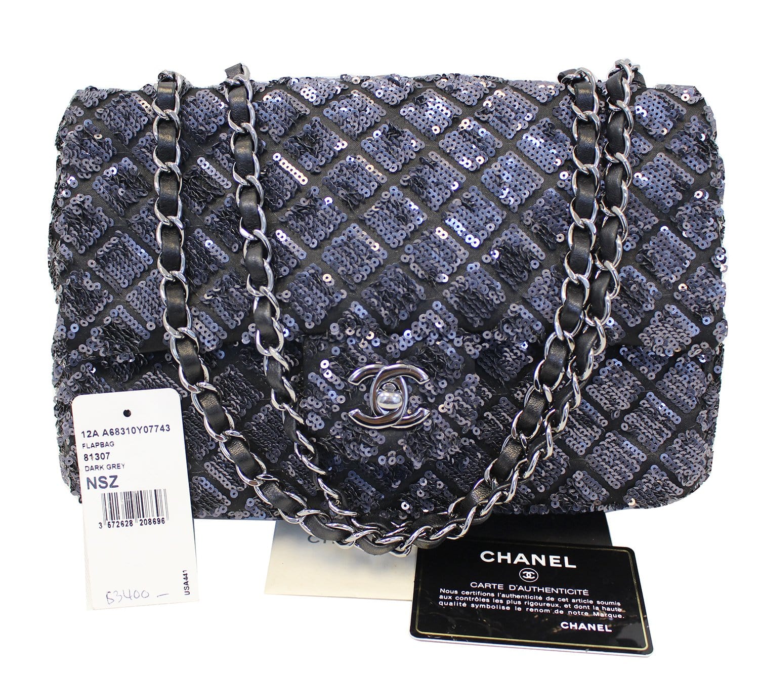 Chanel Navy Dark Grey Sequin Shoulder Bag Limited Blue Flap