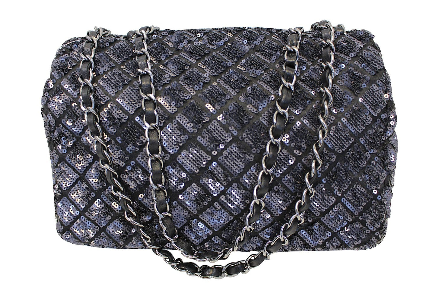 Chanel Navy Dark Grey Sequin Shoulder Bag Limited Blue Flap