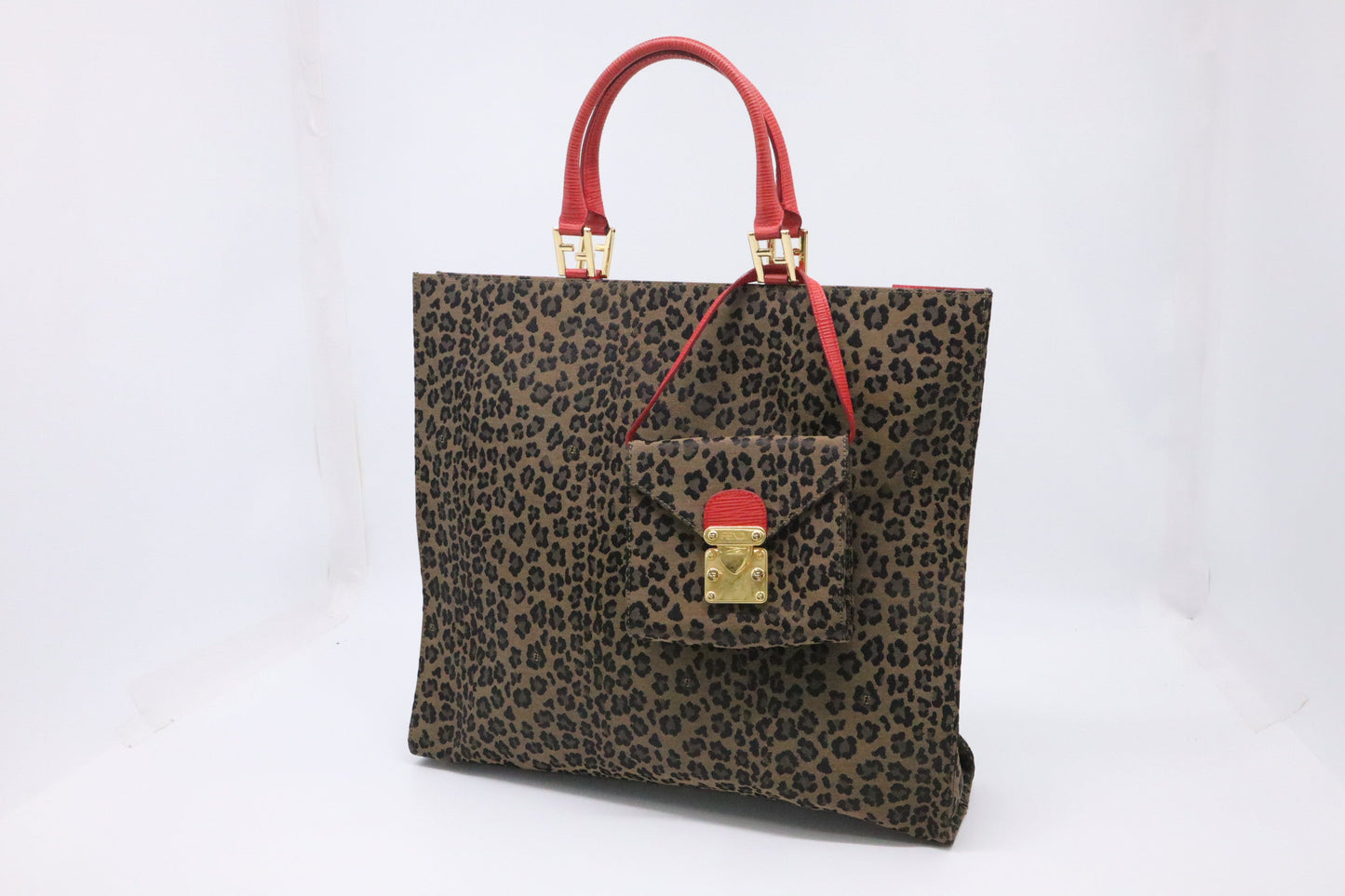 Fendi Shoulder Bag In Leopard Leather Canvas Red