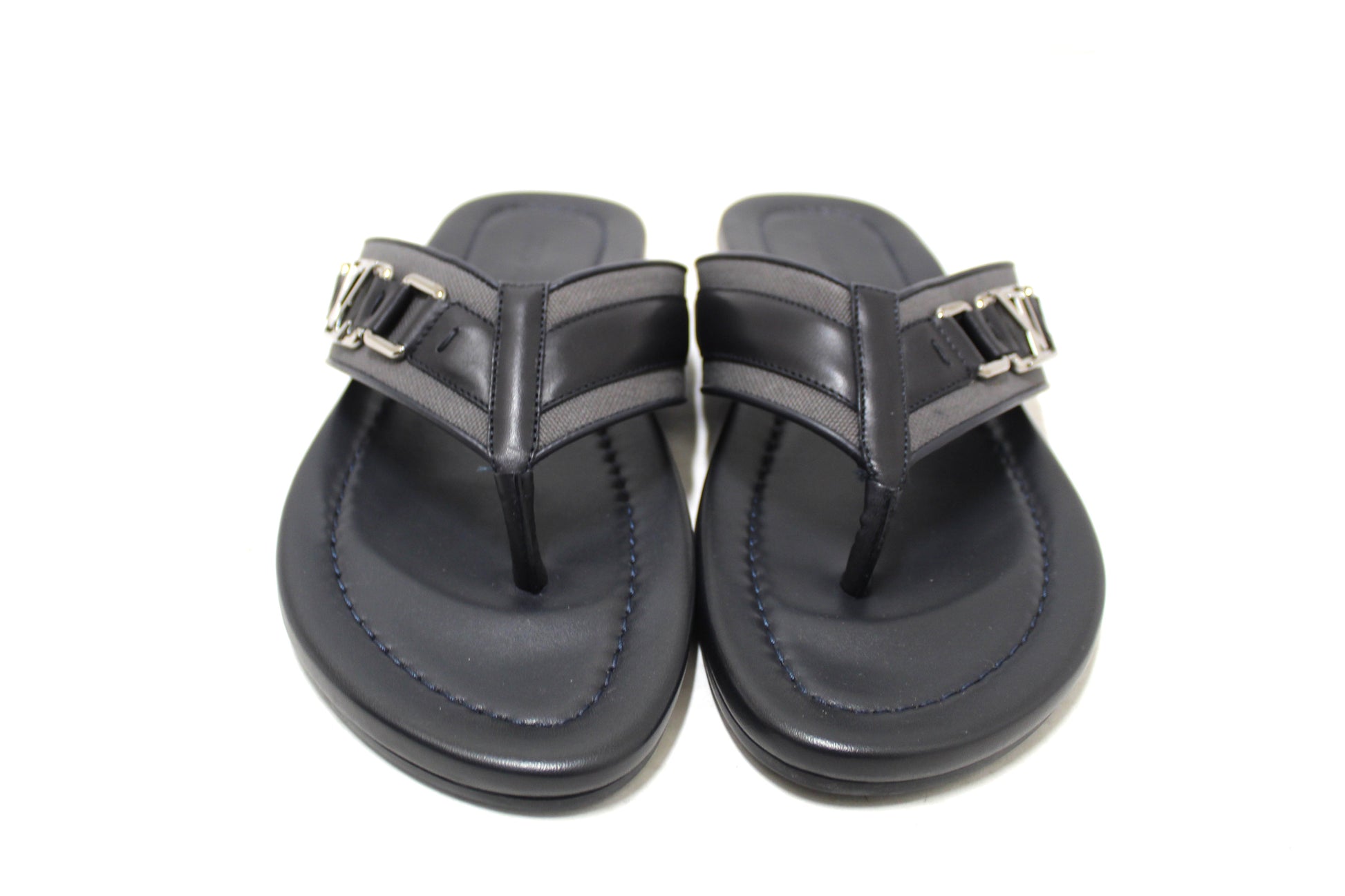 New Louis Vuitton Black Leather Atoll Thong Slipper Sandals Shoes Size 8