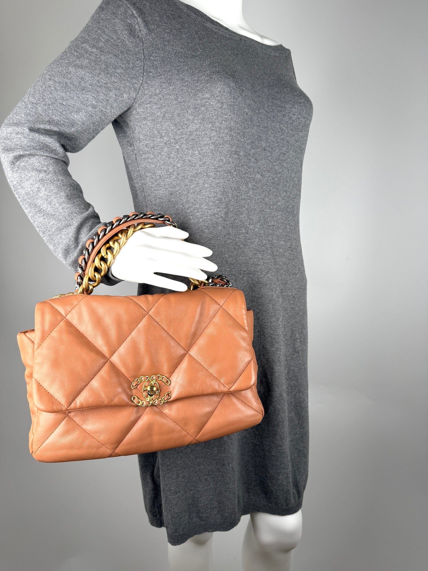 CHANEL 19 2021 Large Brown Quilted Gold Hardware Flap Bag