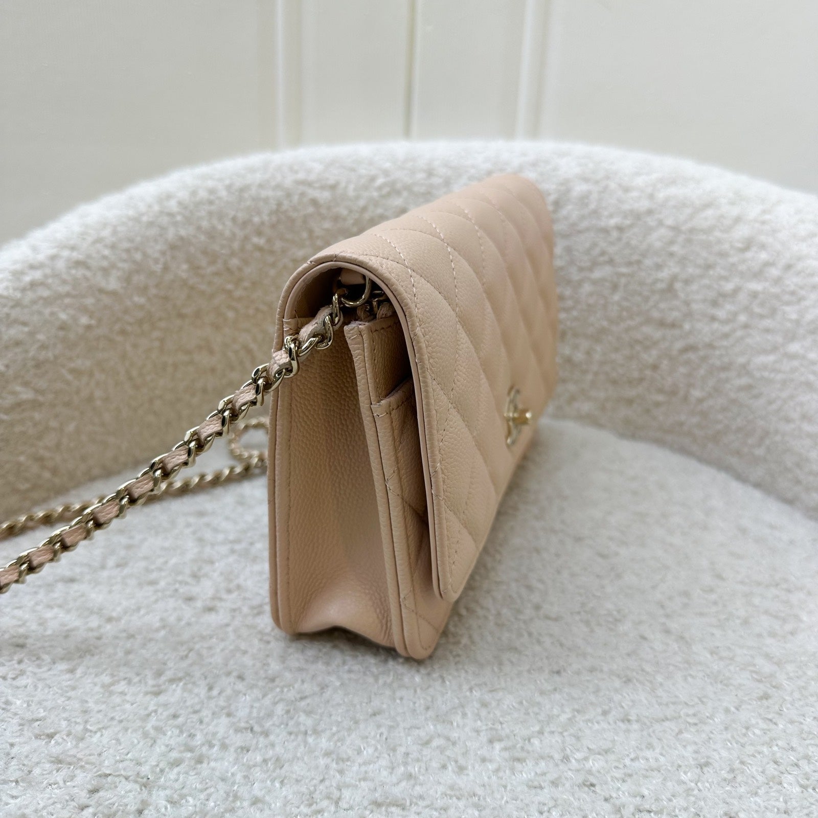 Chanel 23S Ribbon Chain Wallet on Chain WOC in Beige Caviar Lghw Handbag
