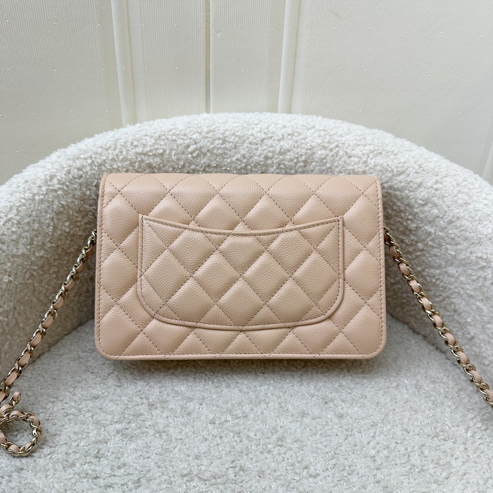 Chanel 23S Ribbon Chain Wallet On Chain Woc In Beige Caviar Lghw Bag