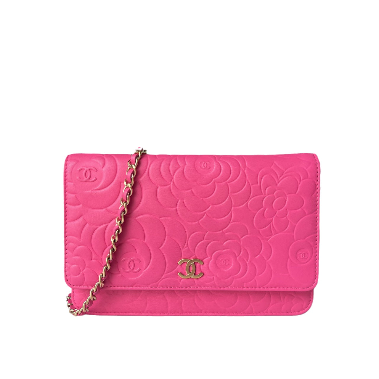 Chanel On Chains WOC Classic Camelia Flower Pink Wallet Case