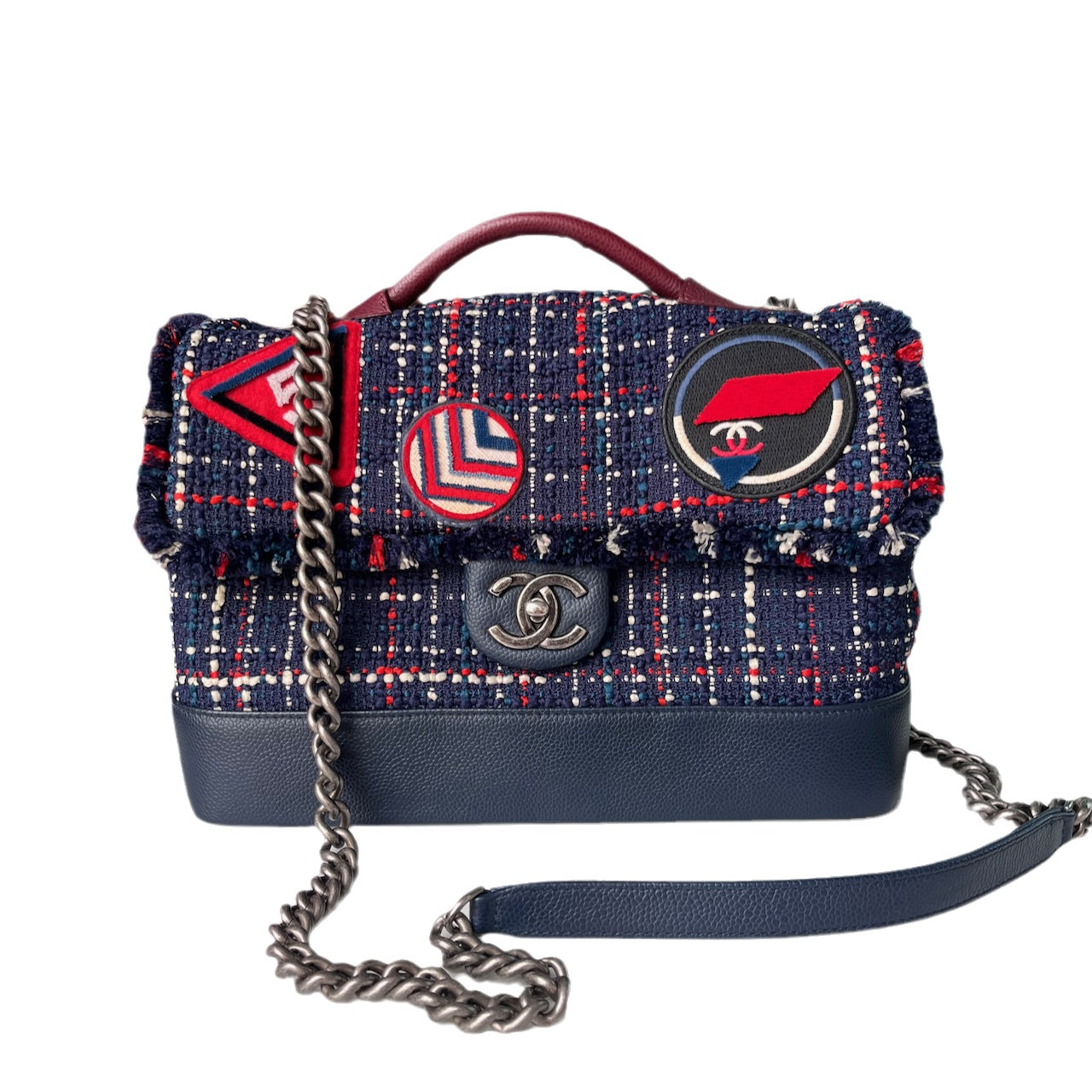Chanel Tweed Caviar Airline Flap Hardware Blue Red Silver Shoulder Bag